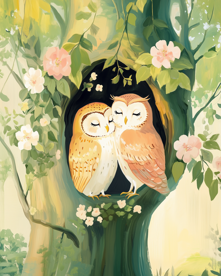 Two charming owls snuggle together in a tree hollow, surrounded by lush green leaves and delicate pink flowers, creating a serene and cozy scene.