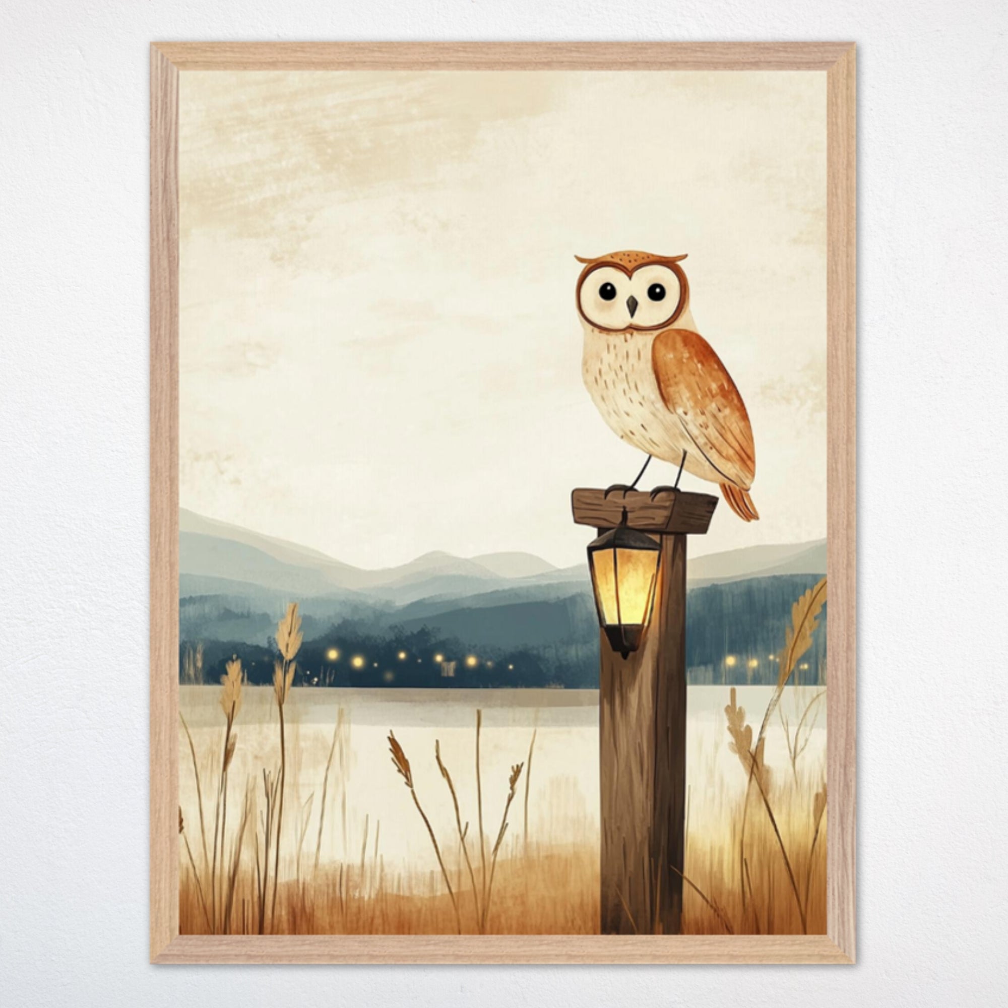 An illustration of an owl perched on a wooden post with a softly glowing lantern, set against a serene landscape of mountains, tall grasses, and a distant lake. The scene evokes a peaceful, nature-inspired atmosphere.