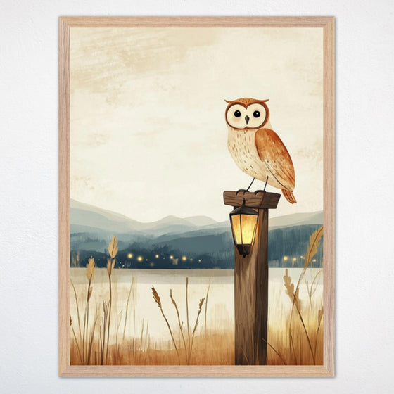 An illustration of an owl perched on a wooden post with a softly glowing lantern, set against a serene landscape of mountains, tall grasses, and a distant lake. The scene evokes a peaceful, nature-inspired atmosphere.