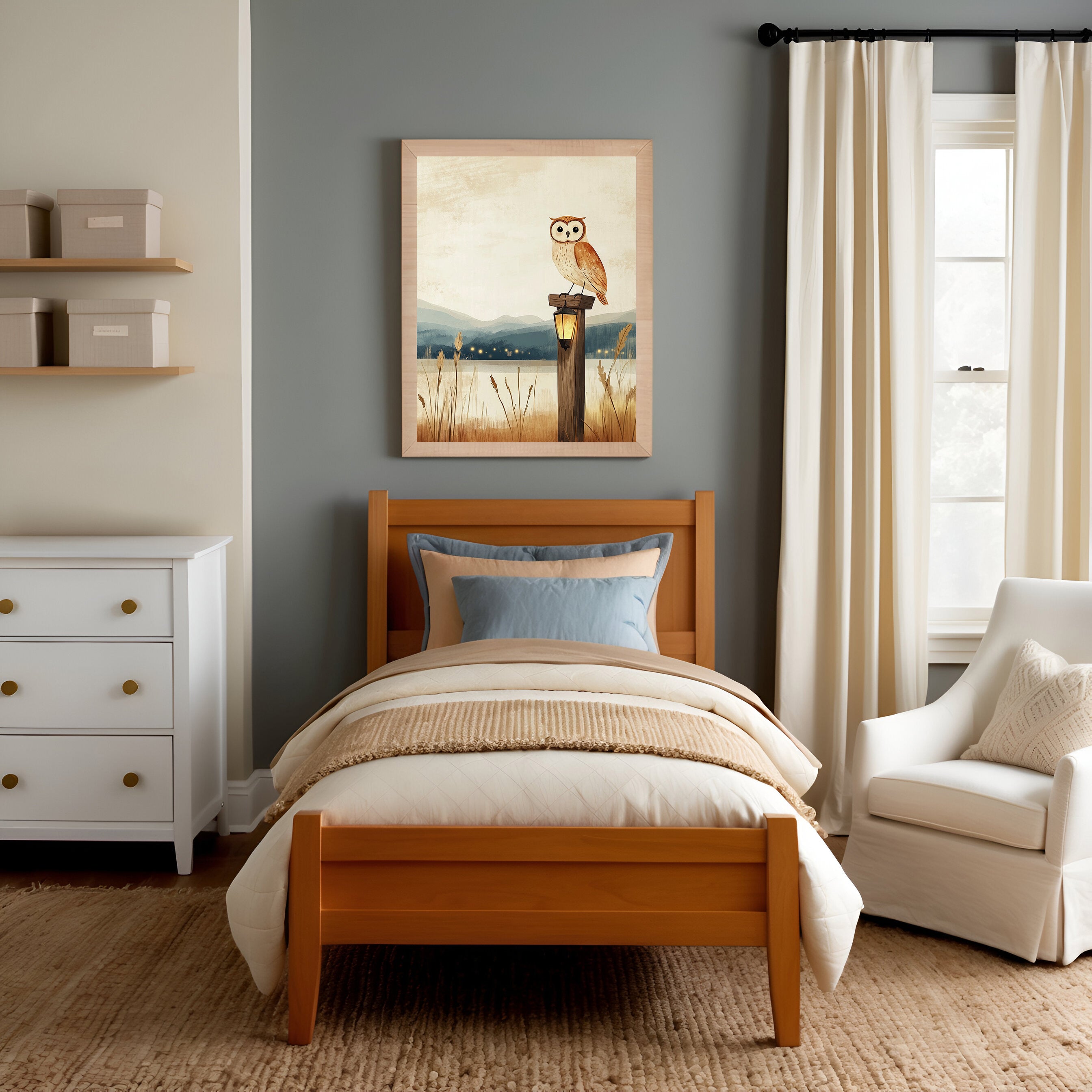 A serene child's bedroom styled in calming neutrals and soft blues, featuring a wooden bed, white furniture, and cozy bedding. Above the bed, a framed illustration of an owl perched near a lantern enhances the soothing, nature-inspired decor.