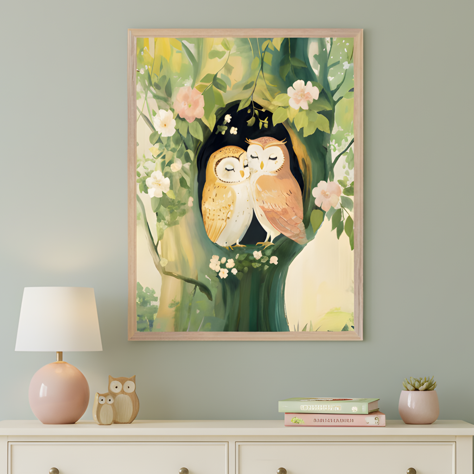 A framed illustration of two owls cuddling inside the hollow of a tree, surrounded by soft greenery and pink flowers, hangs above a cream-colored dresser. The cozy scene is complemented by a pink lamp, two owl figurines, a small stack of books, and a succulent plant arranged neatly on the dresser below.