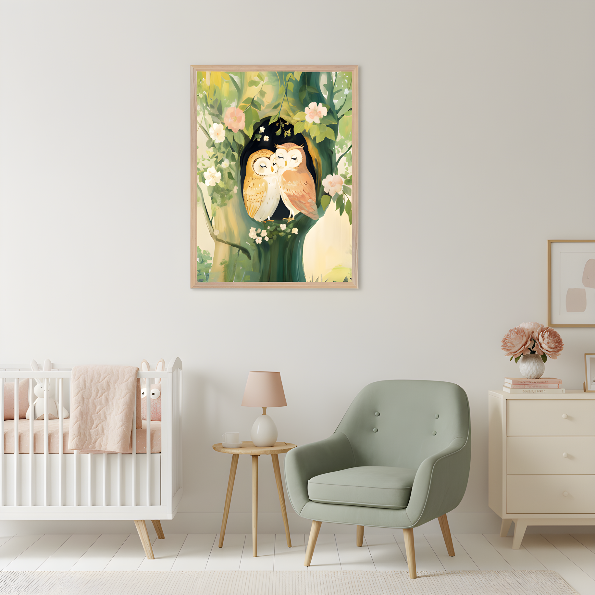 A serene nursery features a framed illustration of two cuddling owls nestled in a tree hollow, surrounded by soft green leaves and pink blossoms. Below the artwork sits a cozy sage green armchair, a small side table with a blush-toned lamp and cup, a white crib with pastel bedding and plush toys, and a cream dresser topped with a vase of flowers and stacked books.