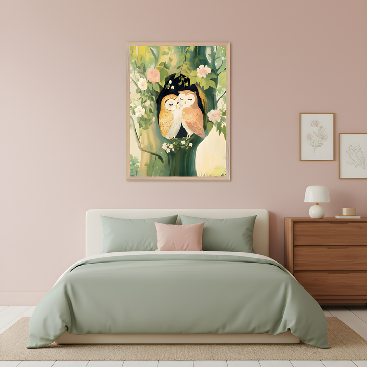 Cozy bedroom with soft pink walls features a framed illustration above the bed of two owls snuggled together in a tree hollow, surrounded by leafy branches and pink flowers. The bed is dressed in sage green and blush bedding, with a wooden nightstand, white lamp, and minimal floral artwork adding to the gentle, serene aesthetic.