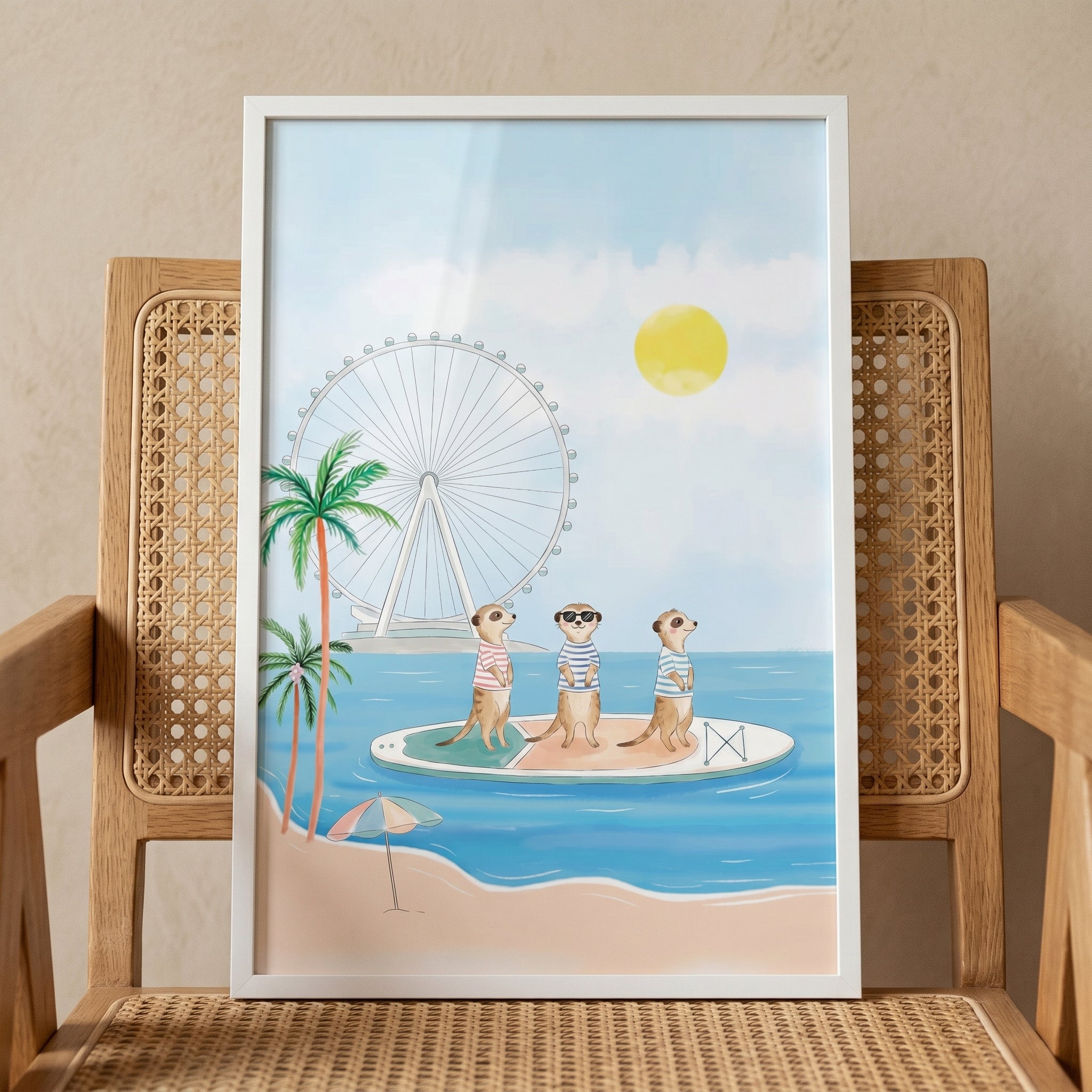 Paddleboard Surfing Striped Meerkat Wall Art - Tropical Meerkat Trio
