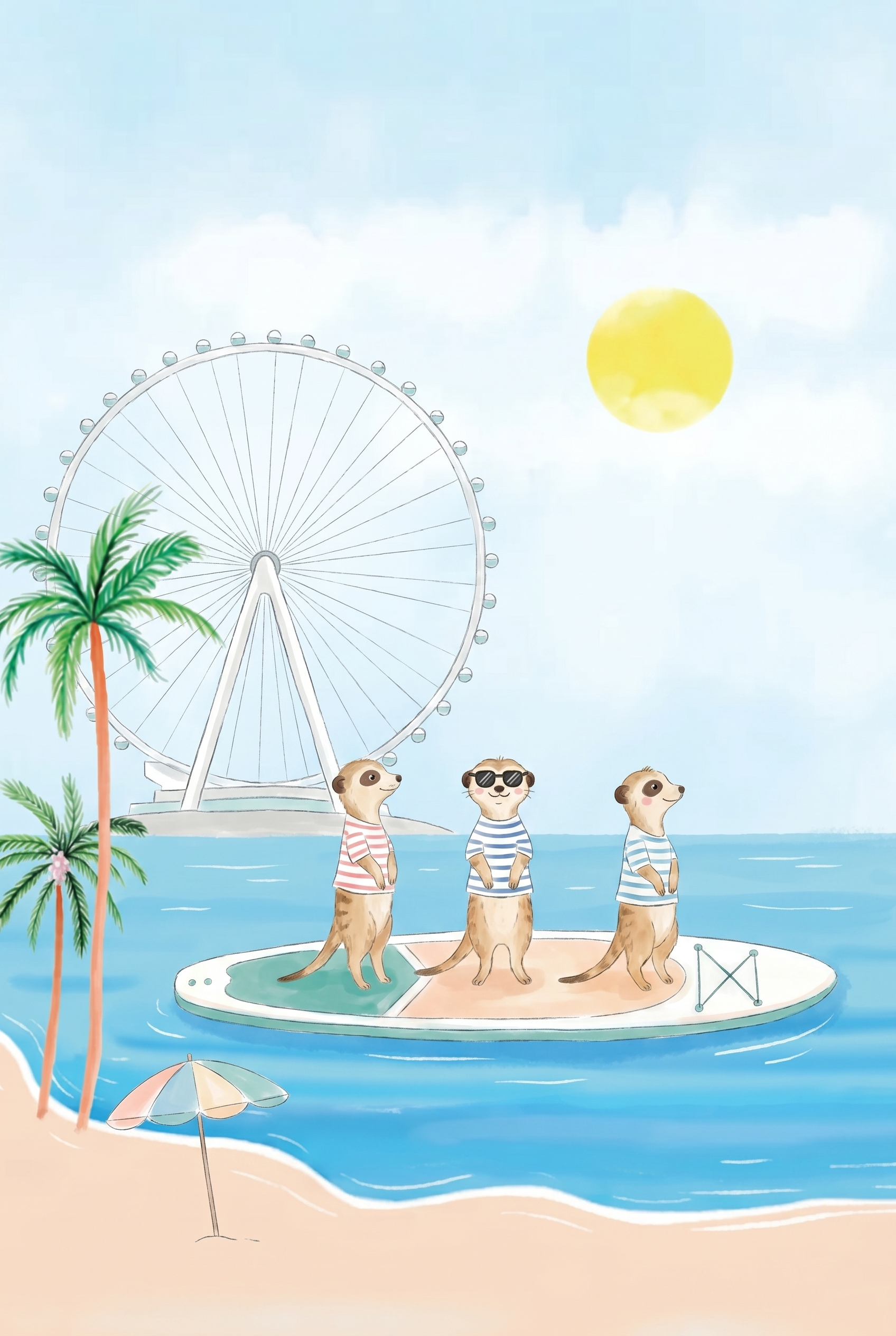 Paddleboard Surfing Striped Meerkat Wall Art - Tropical Meerkat Trio