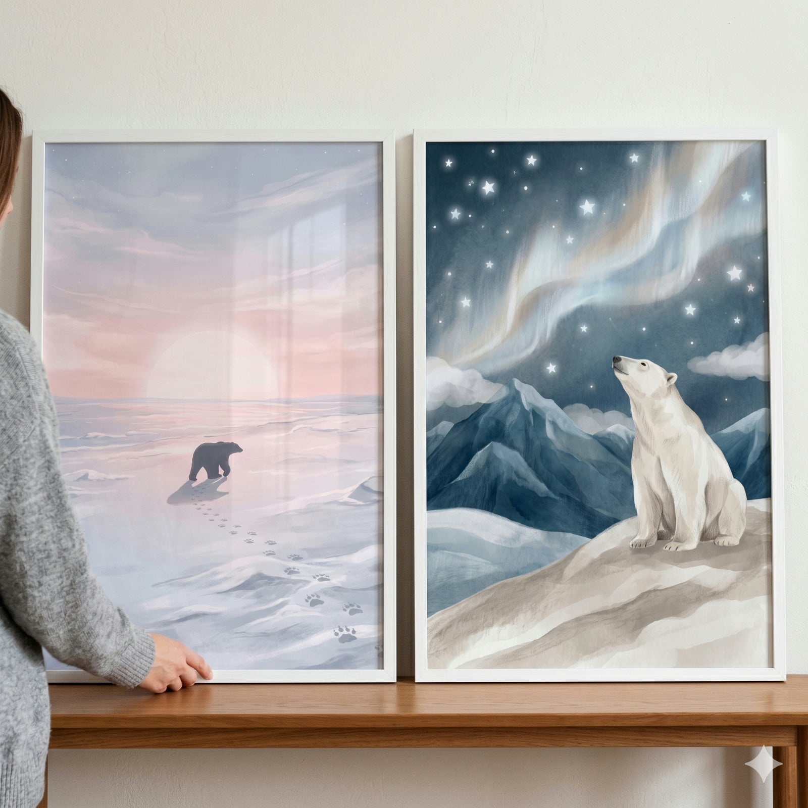 Painterly arctic polar bear wall art set of 2 featuring bears in snowy landscapes with a sunset and northern lights.