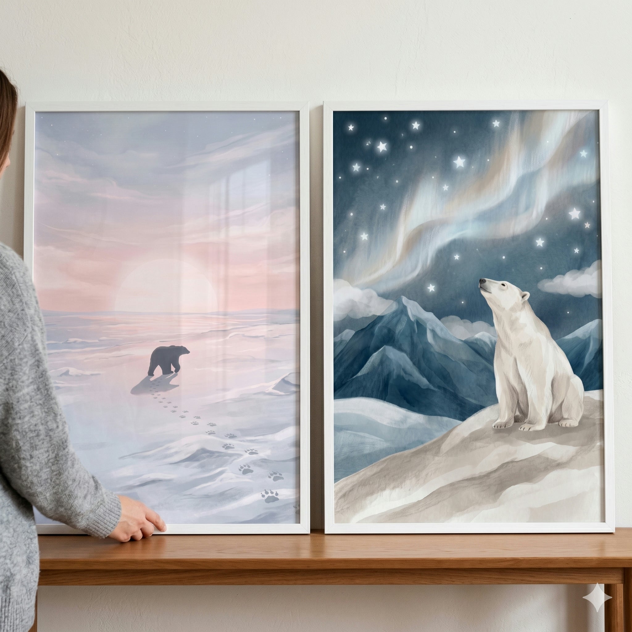 Painterly Arctic Polar Bear Wall Art Set of 2 - Arctic Horizon Dreams
