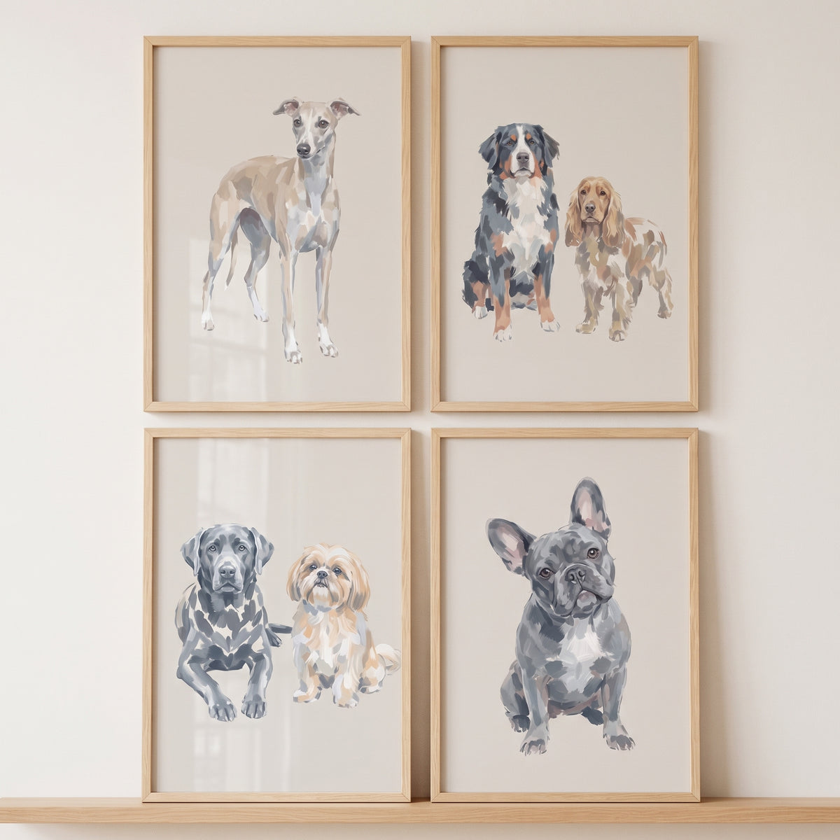Painterly beige multiple dogs artwork set of 4 featuring various breeds in light wood frames displayed on a shelf.
