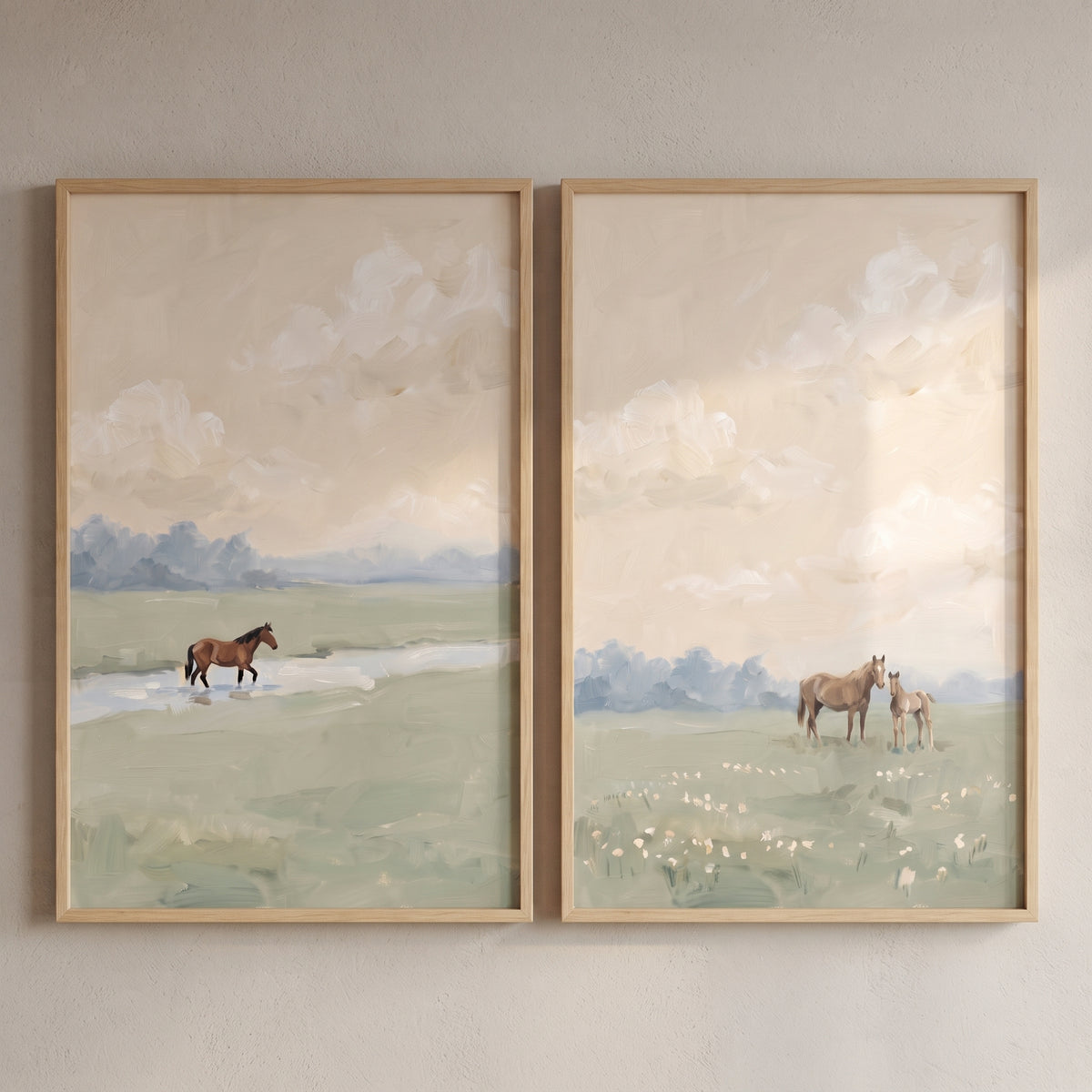 Painterly beige sky horse wall art set of 2 showing horses in a soft green landscape under a neutral, hazy sky.