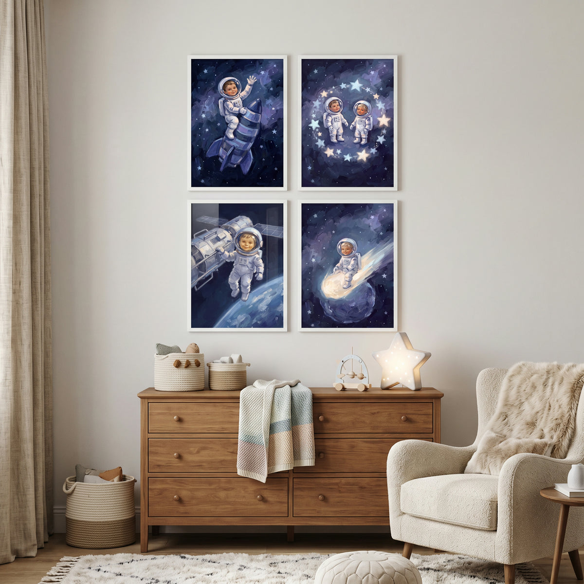 Painterly Blue Baby Astronaut Wall Art Set of 4 - Little Space Travelers