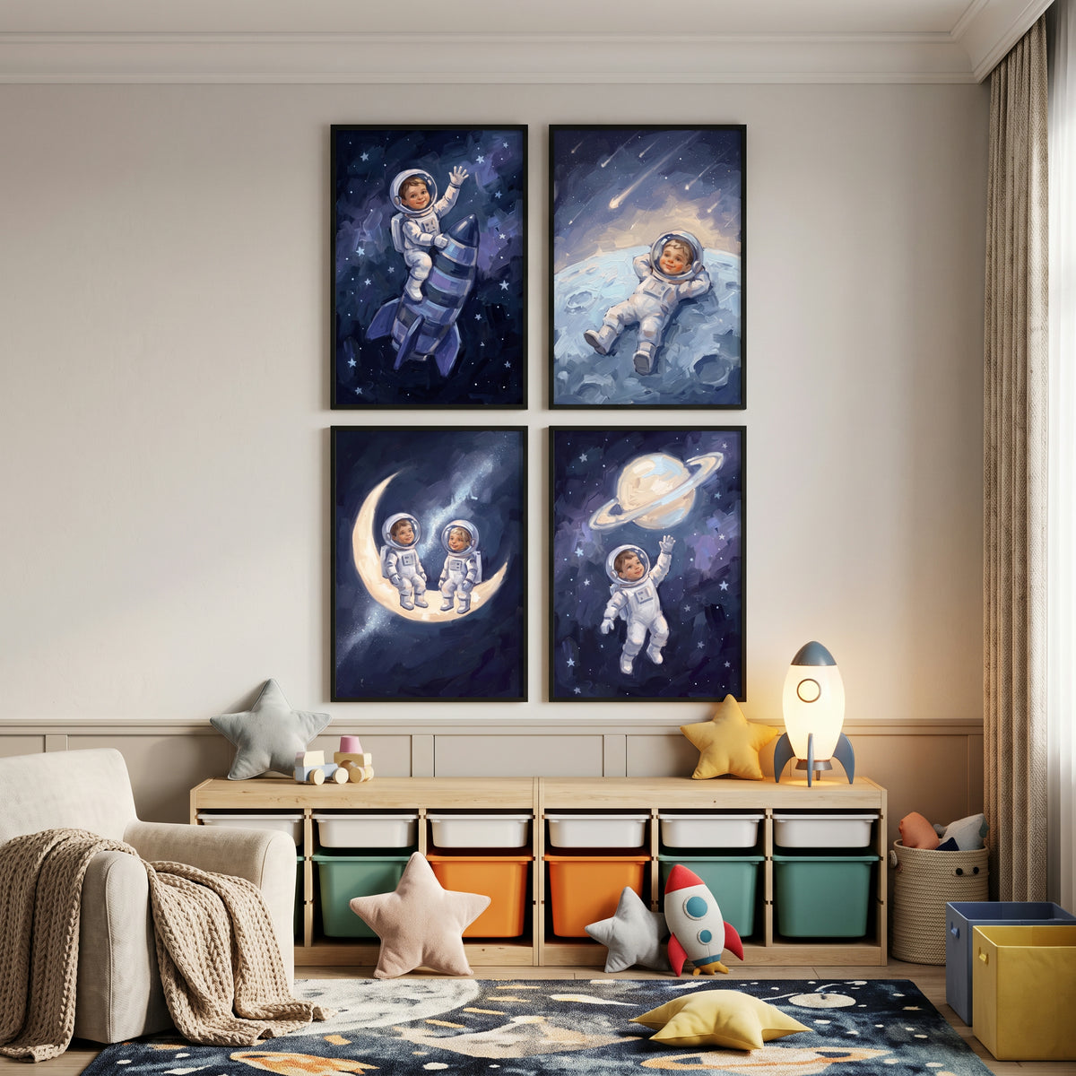 Painterly Blue Child Astronaut Wall Art Set of 4 - Little Space Dreams