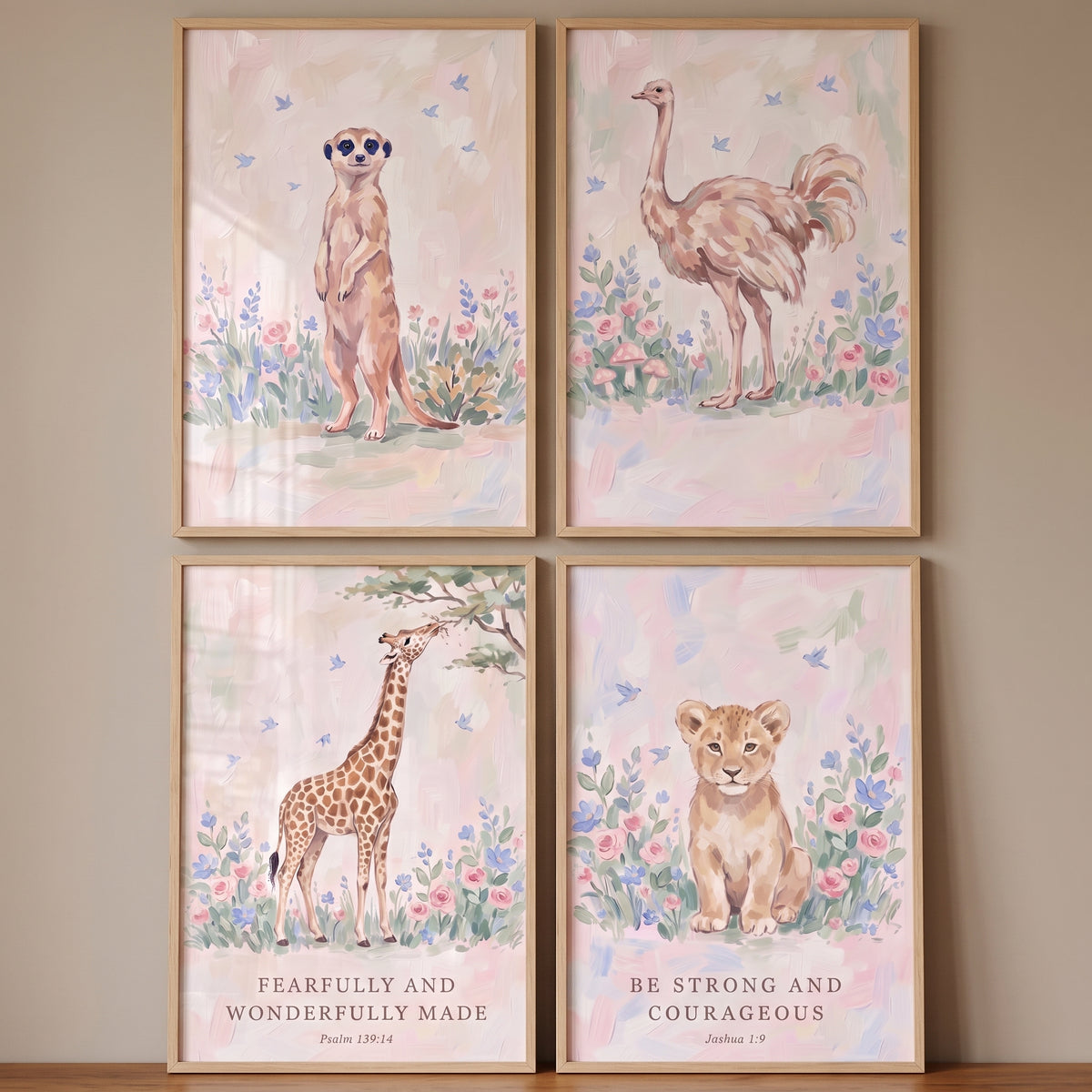 Painterly Bluebird Safari Animals Wall Art Set Of 4 - Sacred Savanna Art
