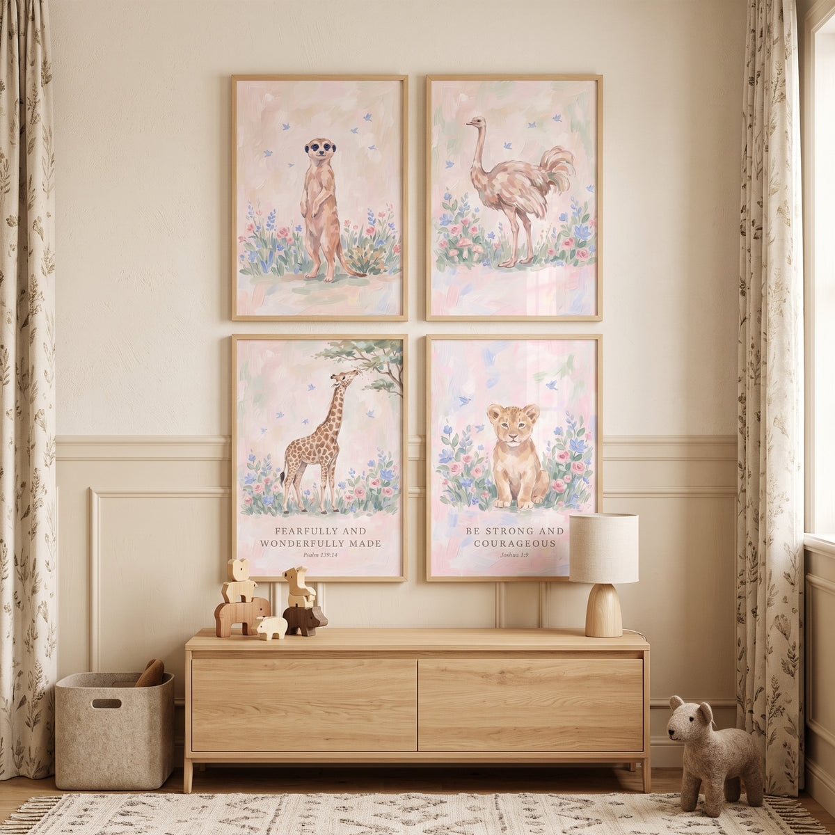 Painterly Bluebird Safari Animals Wall Art Set Of 4 - Sacred Savanna Art