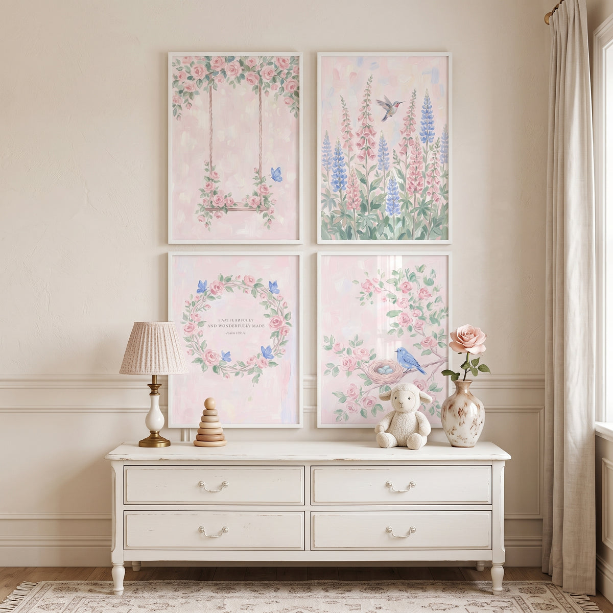 Painterly Blush Botanical Garden Wall Art Set of 4 - Serene Garden Harmony