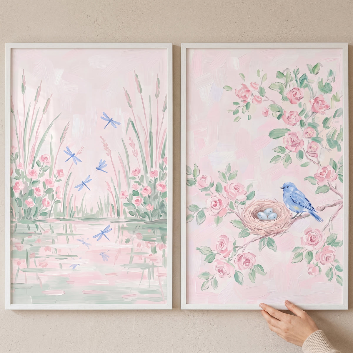 Painterly blush floral garden wall art set of 2 featuring pink roses, blue dragonflies, and a blue bird with eggs.