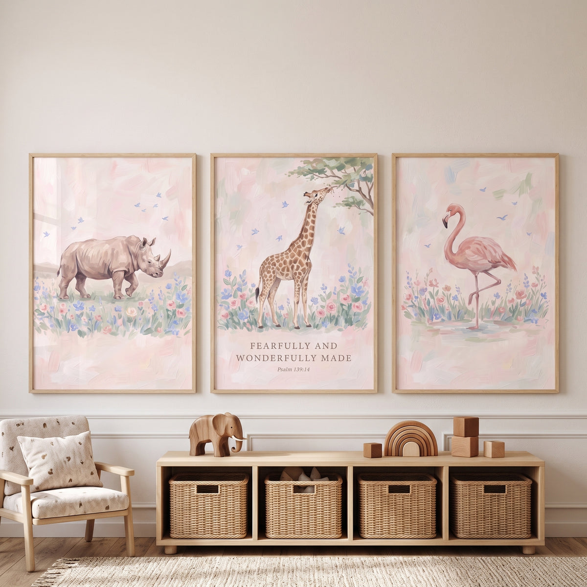 Painterly Blush Safari Animals Wall Art Set Of 3 - Pastel Psalm Art