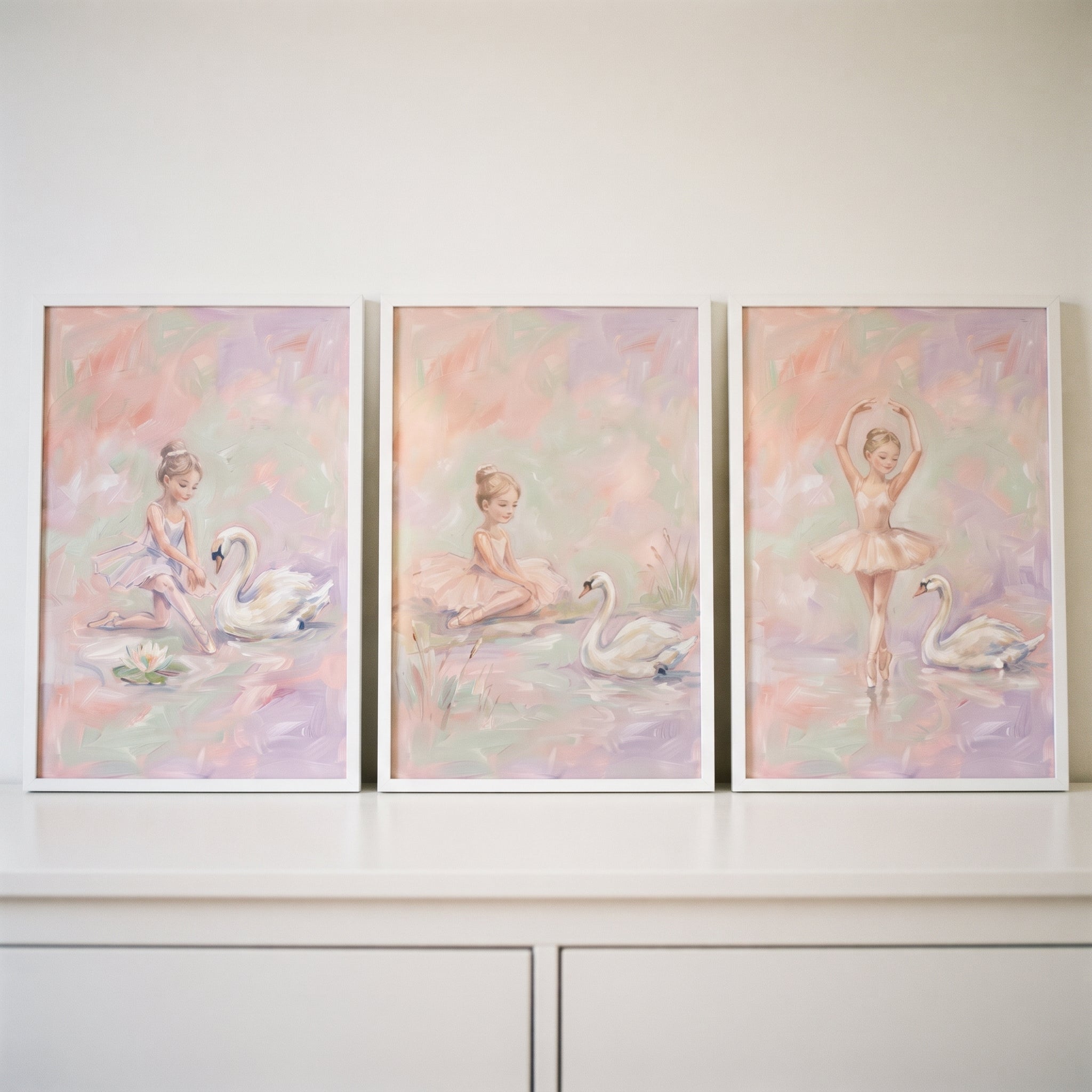 Painterly Blush Swan Ballet Wall Art Set of 3 - Pastel Ballet Dreams