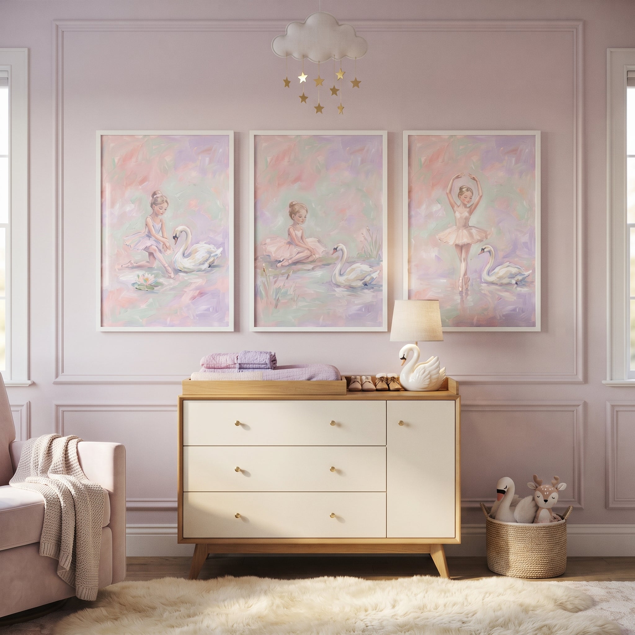 Painterly Blush Swan Ballet Wall Art Set of 3 - Pastel Ballet Dreams