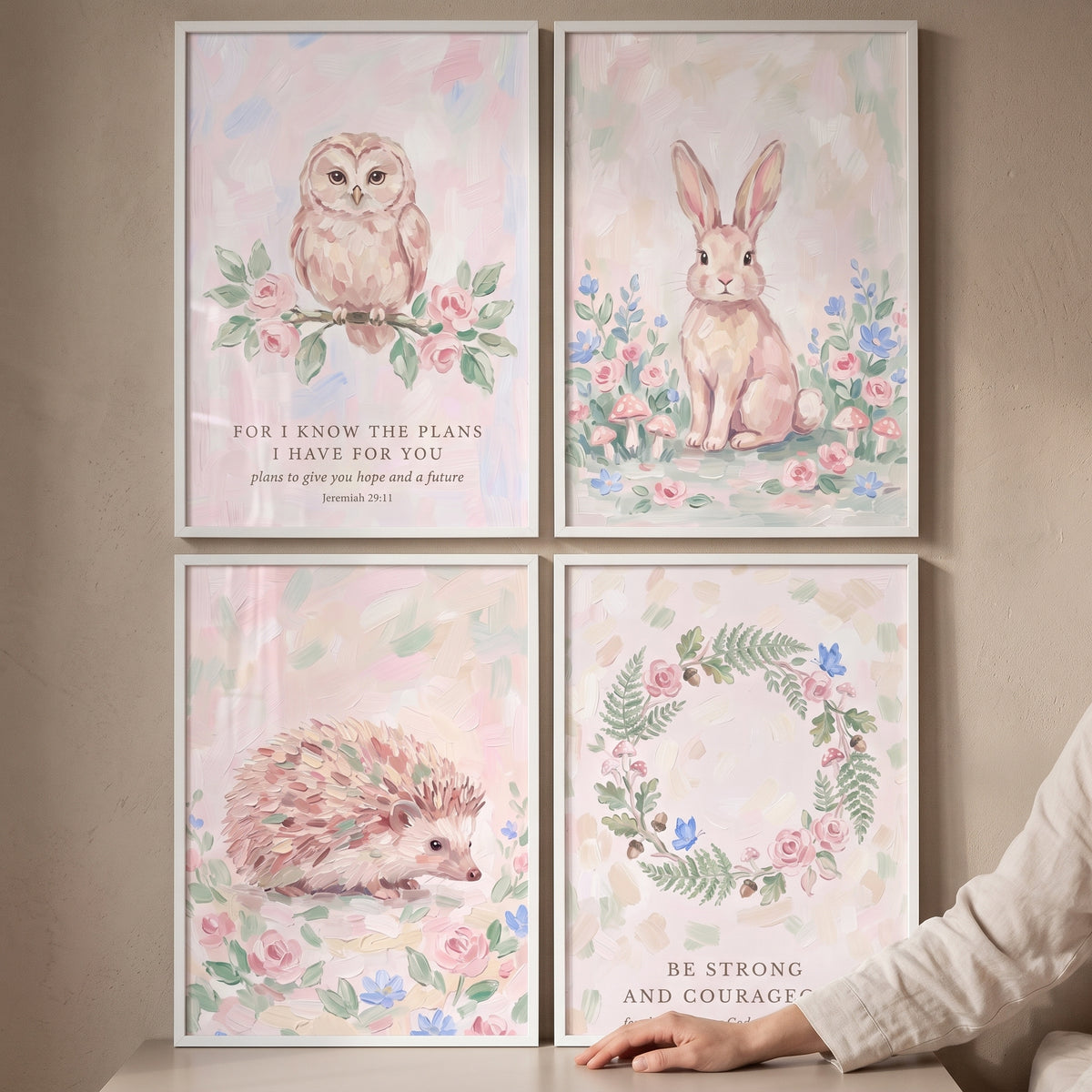 Painterly Blush Woodland Floral Wall Art Set of 4 - Whimsical Faith Forest