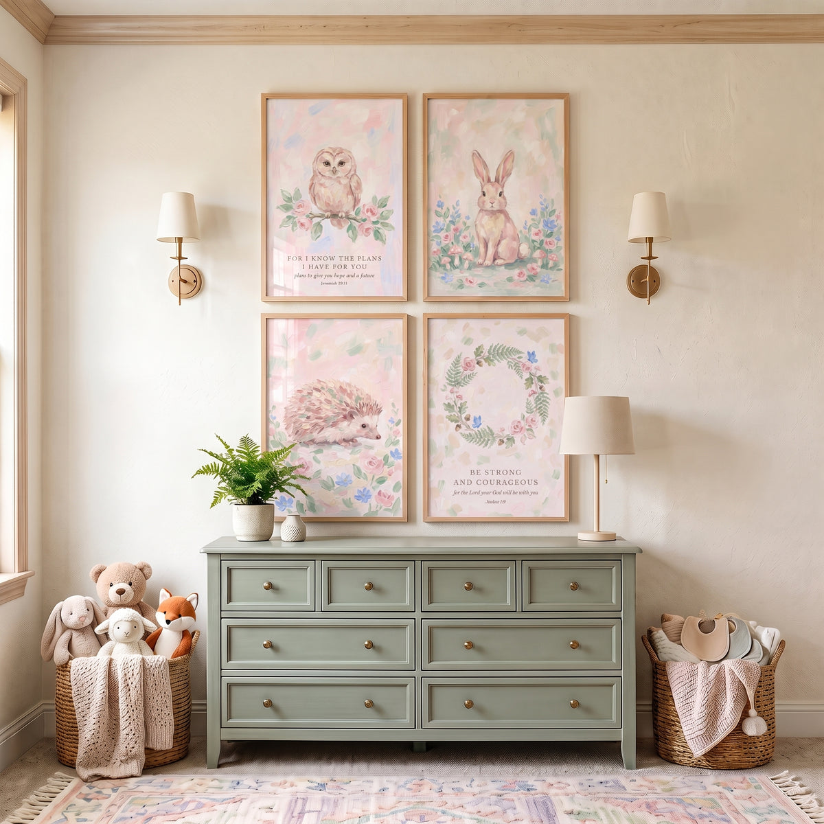 Painterly Blush Woodland Floral Wall Art Set of 4 - Whimsical Faith Forest