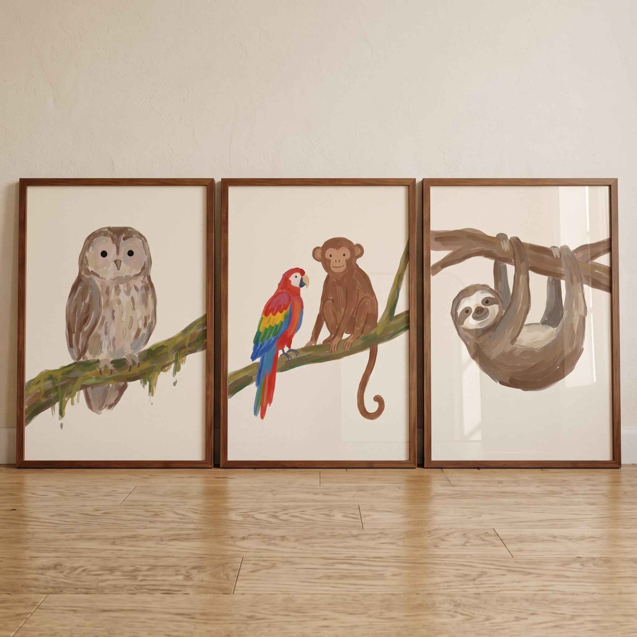 Painterly Branch Jungle Animals Wall Art Set of 3 - Jungle Canopy Crew