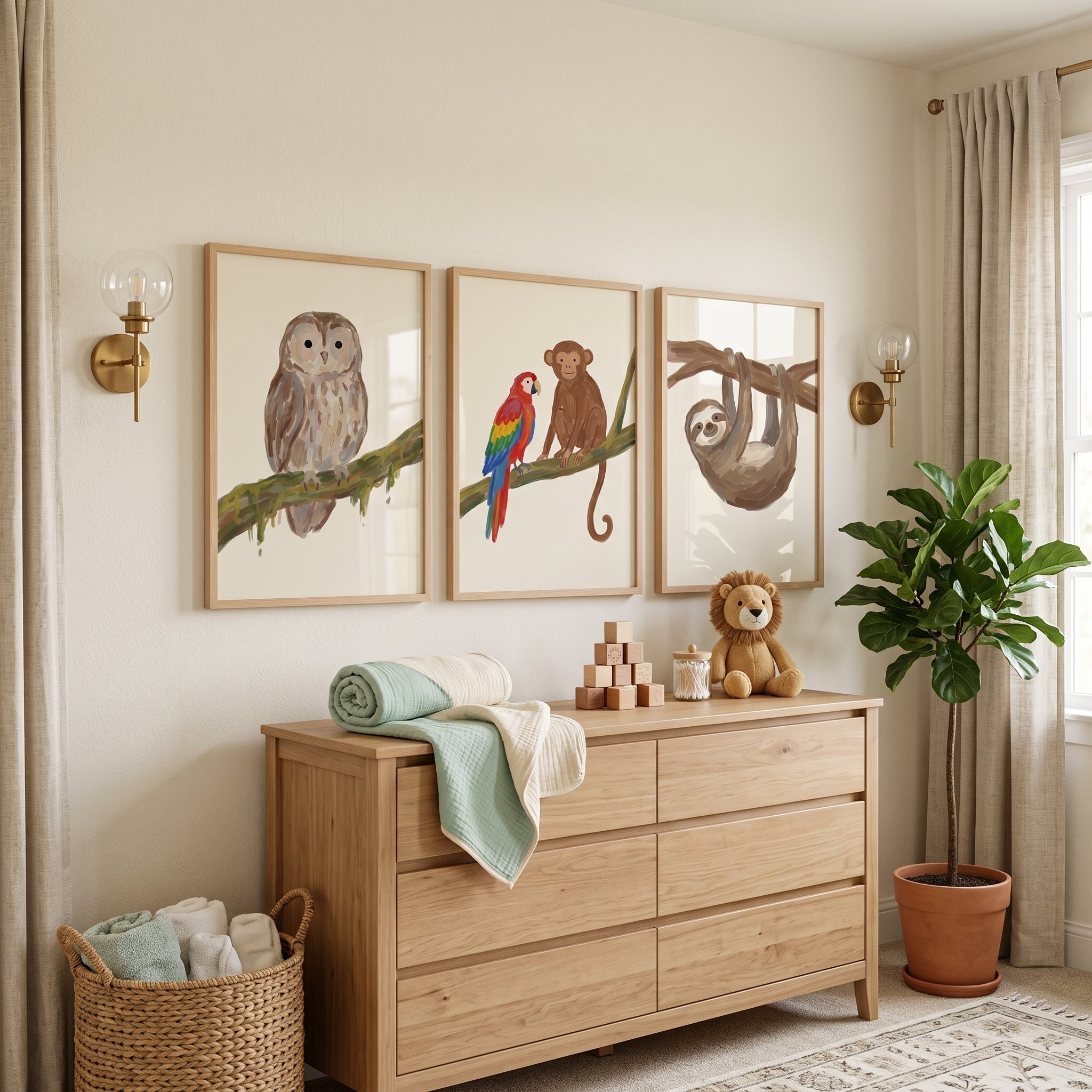 Painterly Branch Jungle Animals Wall Art Set of 3 - Jungle Canopy Crew
