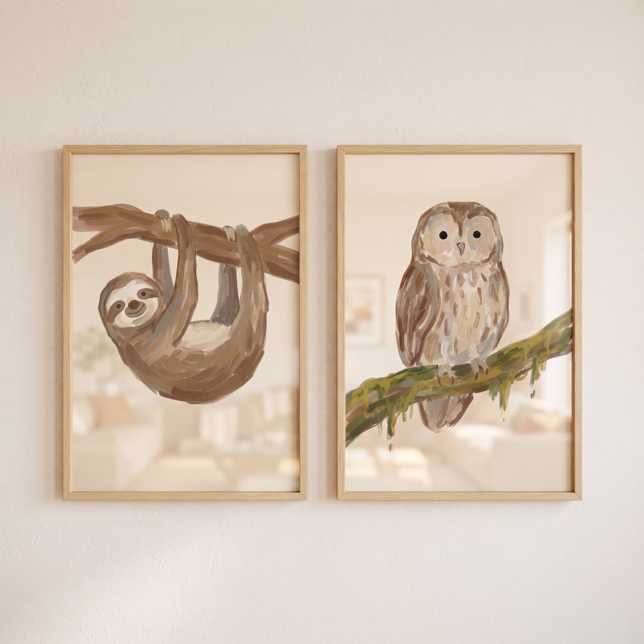 Painterly Brown Animals Wall Art Set of 2 - Sleepy Forest Pair
