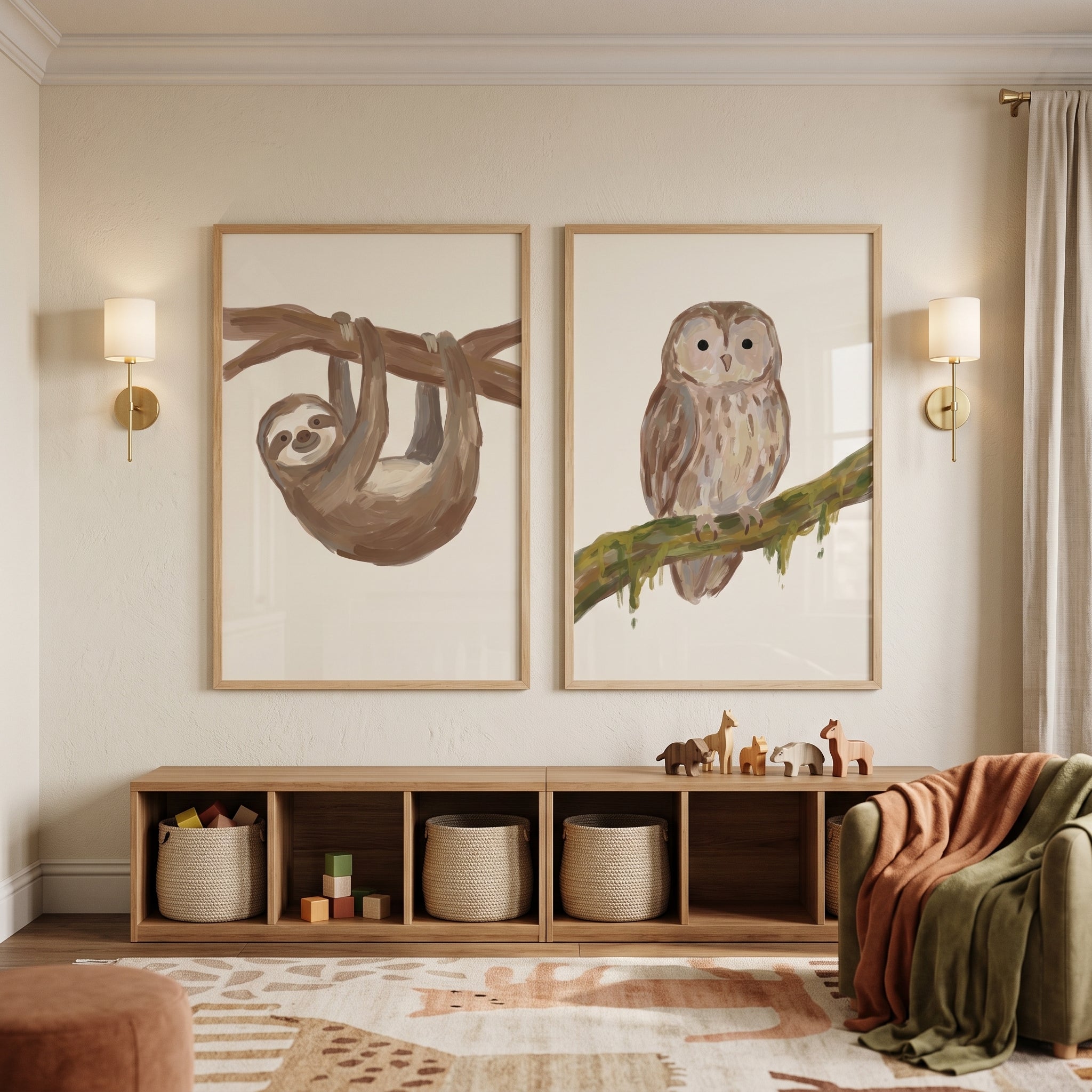 Painterly Brown Animals Wall Art Set of 2 - Sleepy Forest Pair