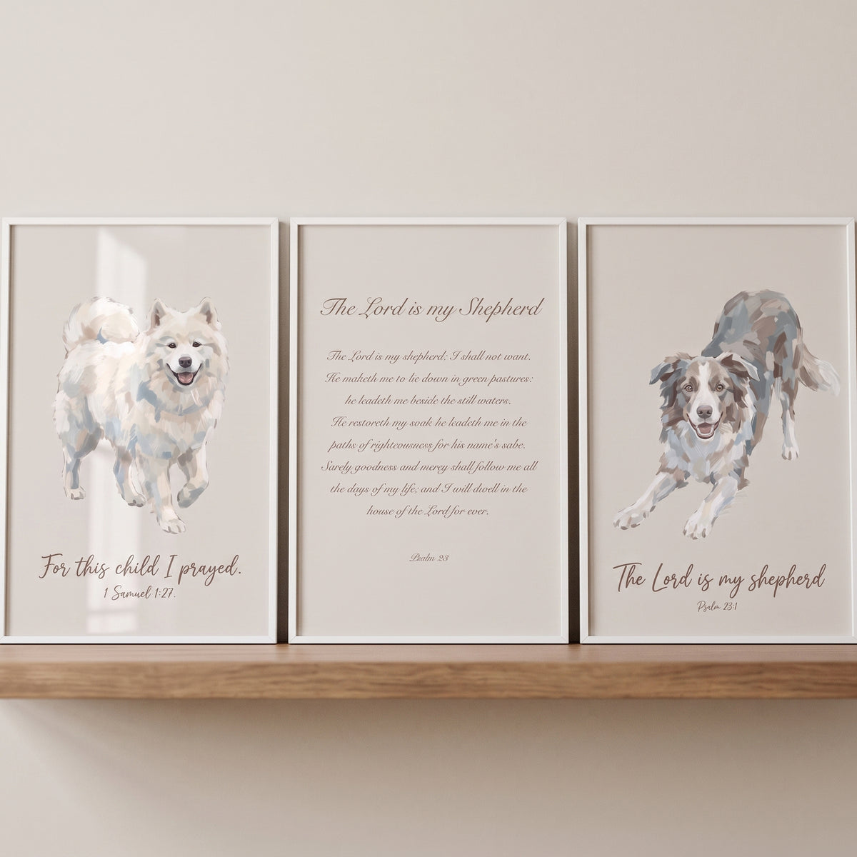 Painterly christian bible dogs wall art set of 3 with dog illustrations and scripture displayed on a shelf.
