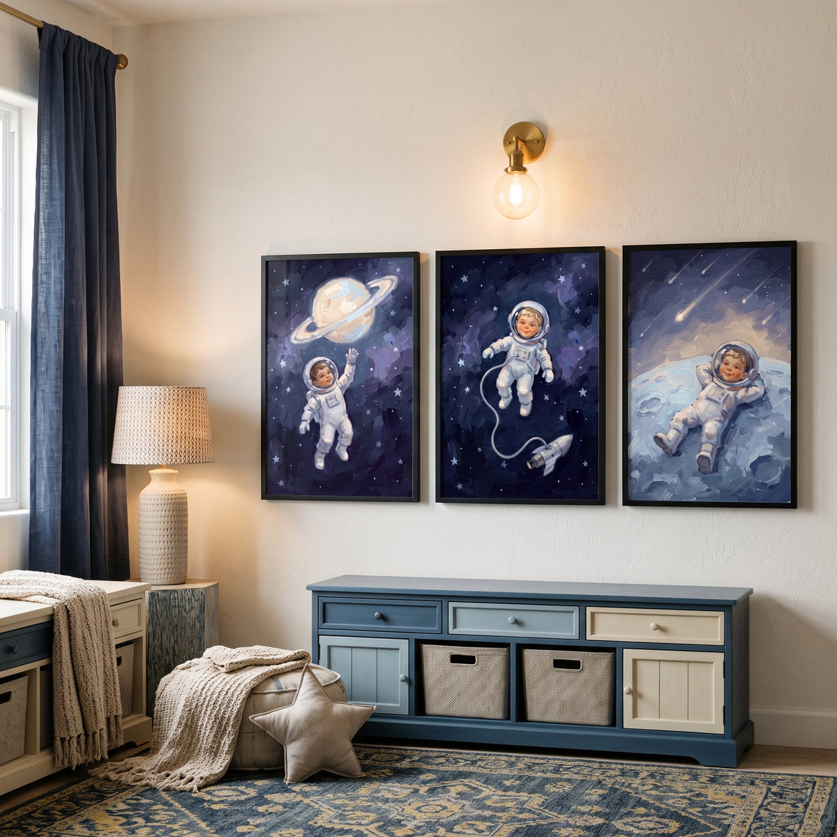Painterly Cosmic Baby Astronaut Wall Art Set of 3 - Dreaming Among Stars