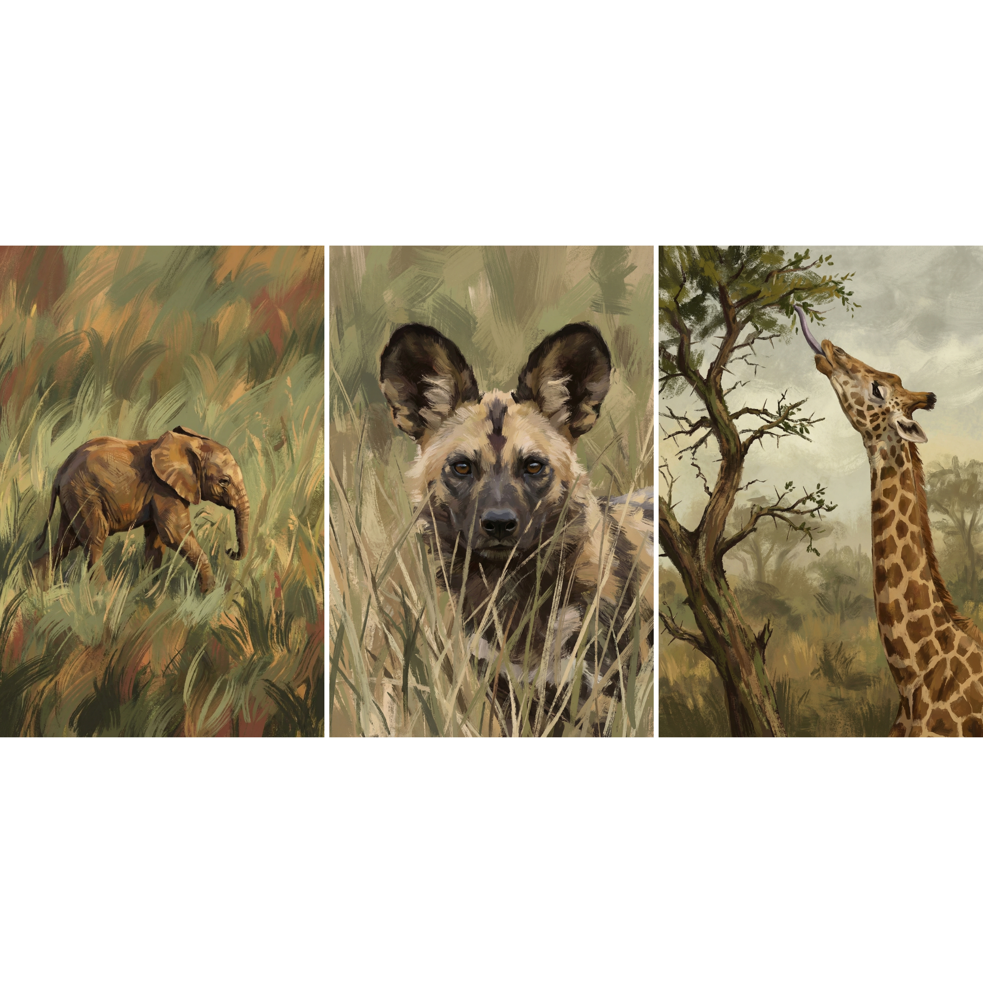 Painterly Earthy Safari Animal Wall Art Set of 3 - Wild African Souls