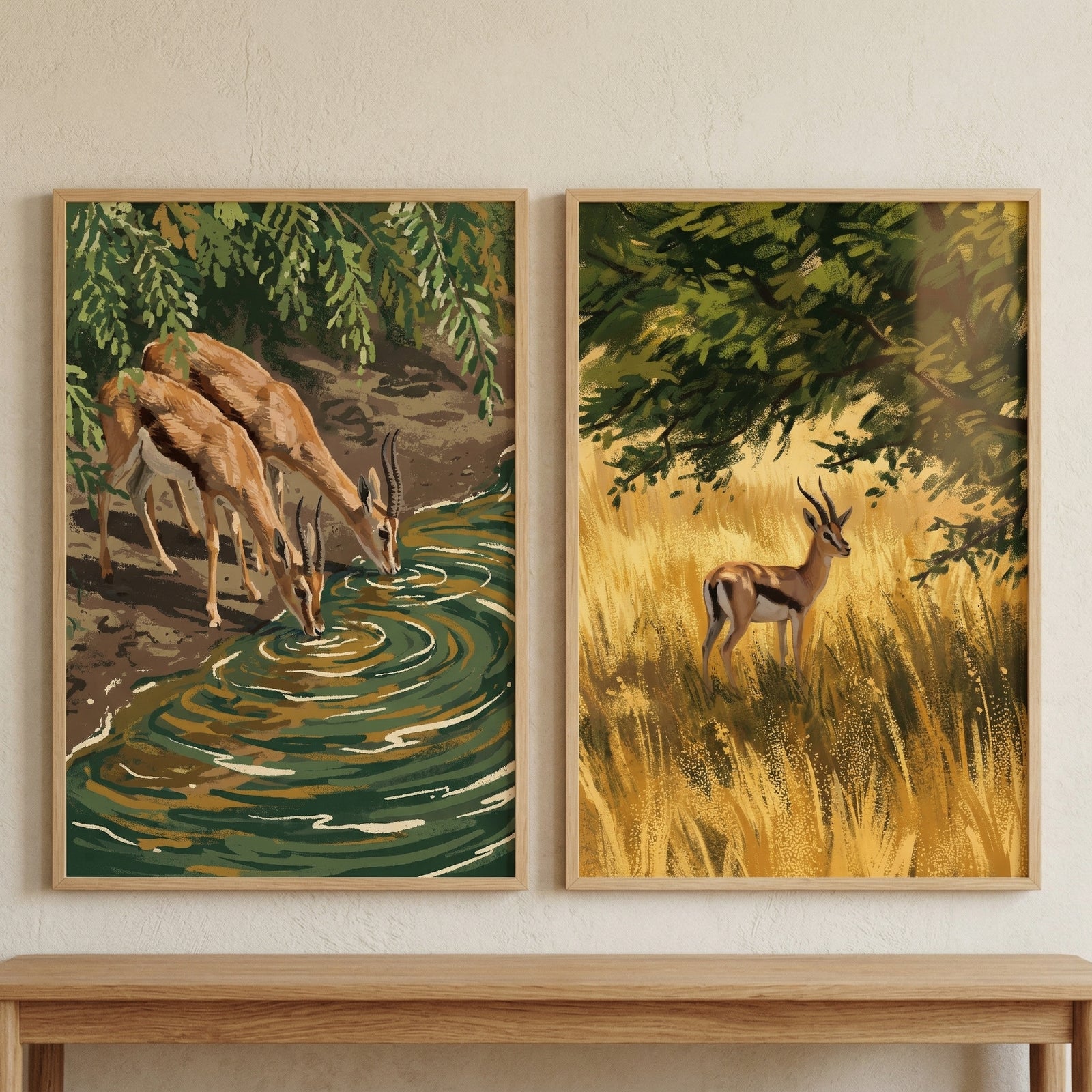 Painterly earthy savanna gazelle wall art set of 2 featuring gazelles drinking at a pond and standing in golden grass.