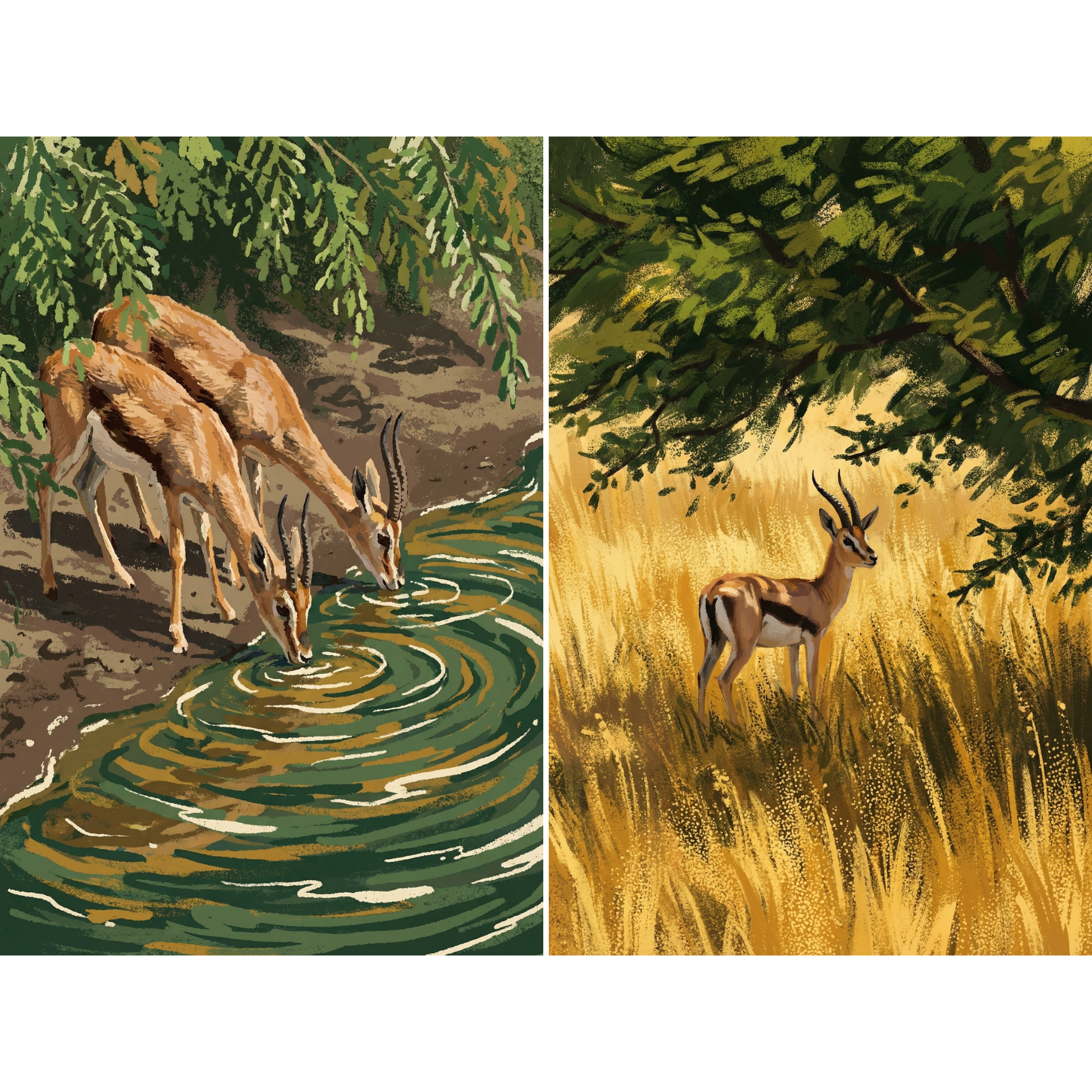 Painterly Earthy Savanna Gazelle Wall Art Set of 2 - Golden Savanna Grace