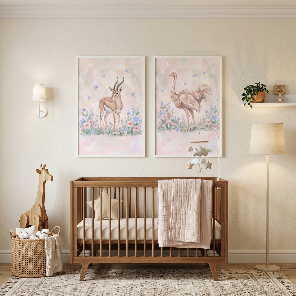 Painterly Floral Safari Animals Wall Art Set of 2 - Pastel Savannah Pair
