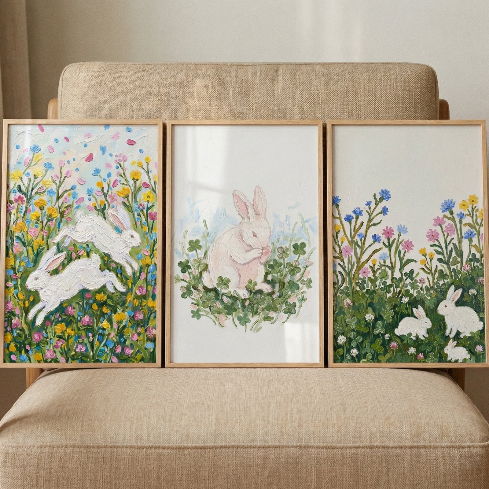 A set of three framed, textured paintings resting on a beige armchair. The artwork features white bunnies in different nature scenes: leaping through colorful wildflowers on the left, sitting among green clovers in the center, and resting in a floral meadow on the right.