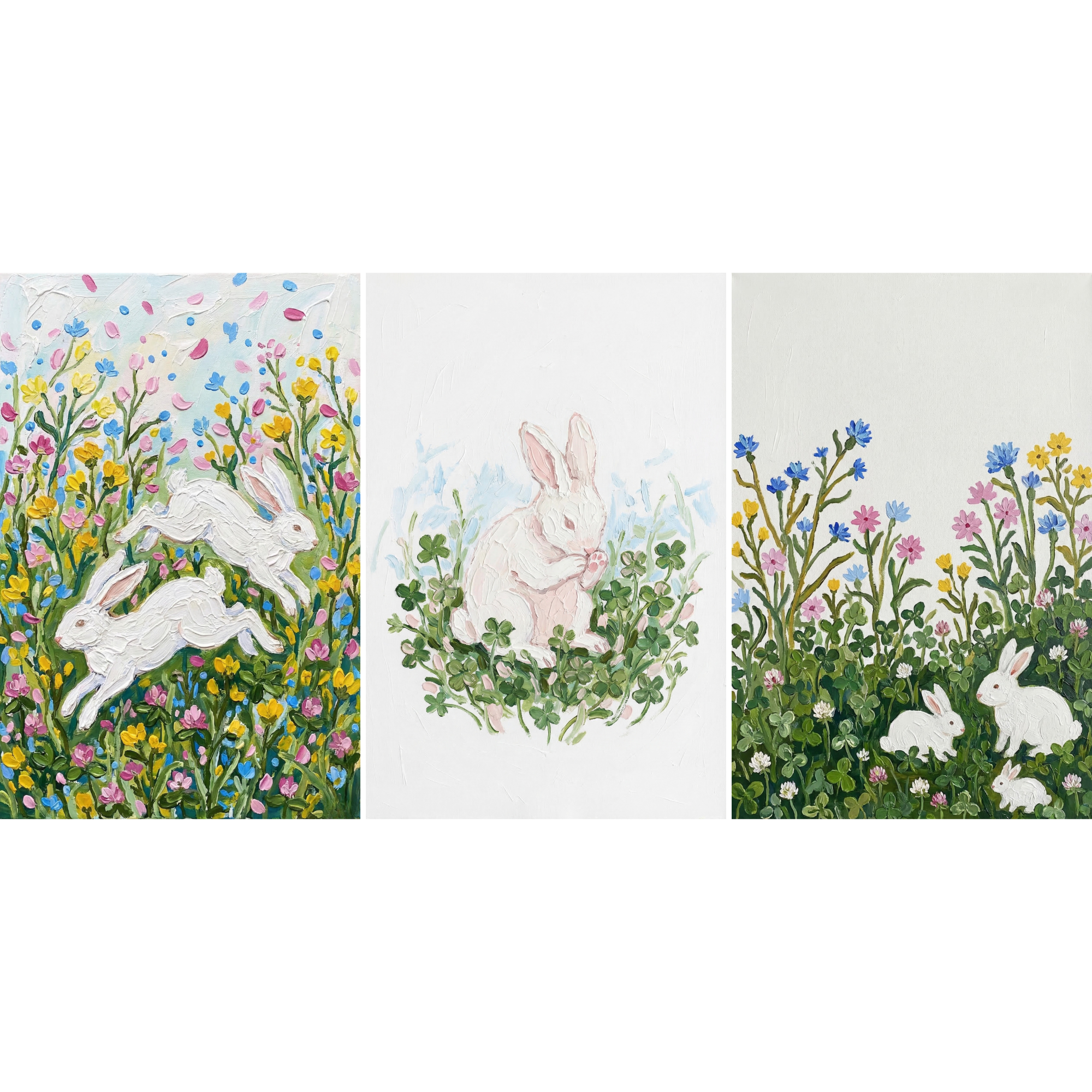 Painterly Floral White Bunny Wall Art Set of 3 - Meadow Bunny Trio