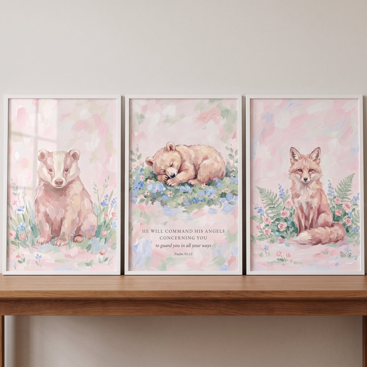 Painterly Floral Woodland Animals Wall Art Set of 3 - Angelic Forest Friends
