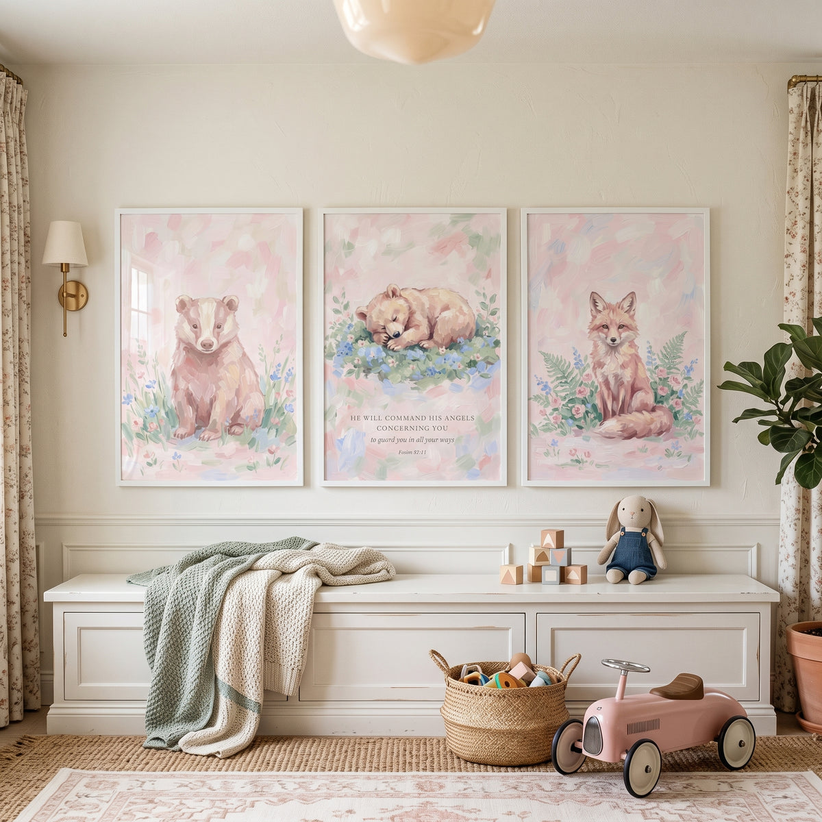 Painterly Floral Woodland Animals Wall Art Set of 3 - Angelic Forest Friends