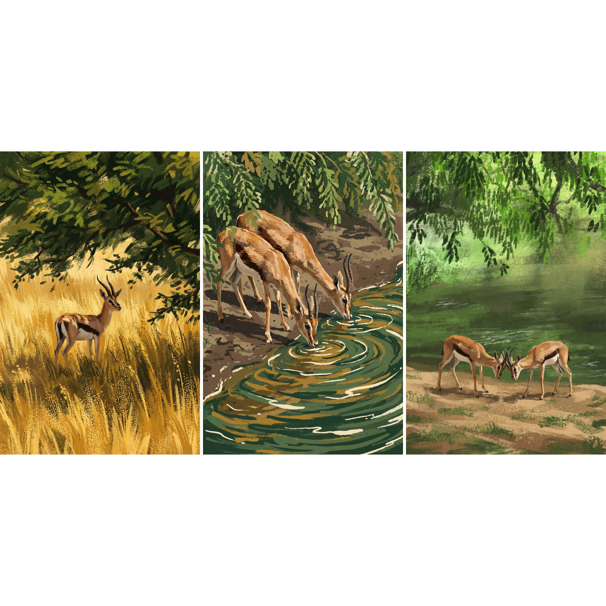 Painterly Green Savanna Gazelle Wall Art Set of 3 - Wild Savannah Grace