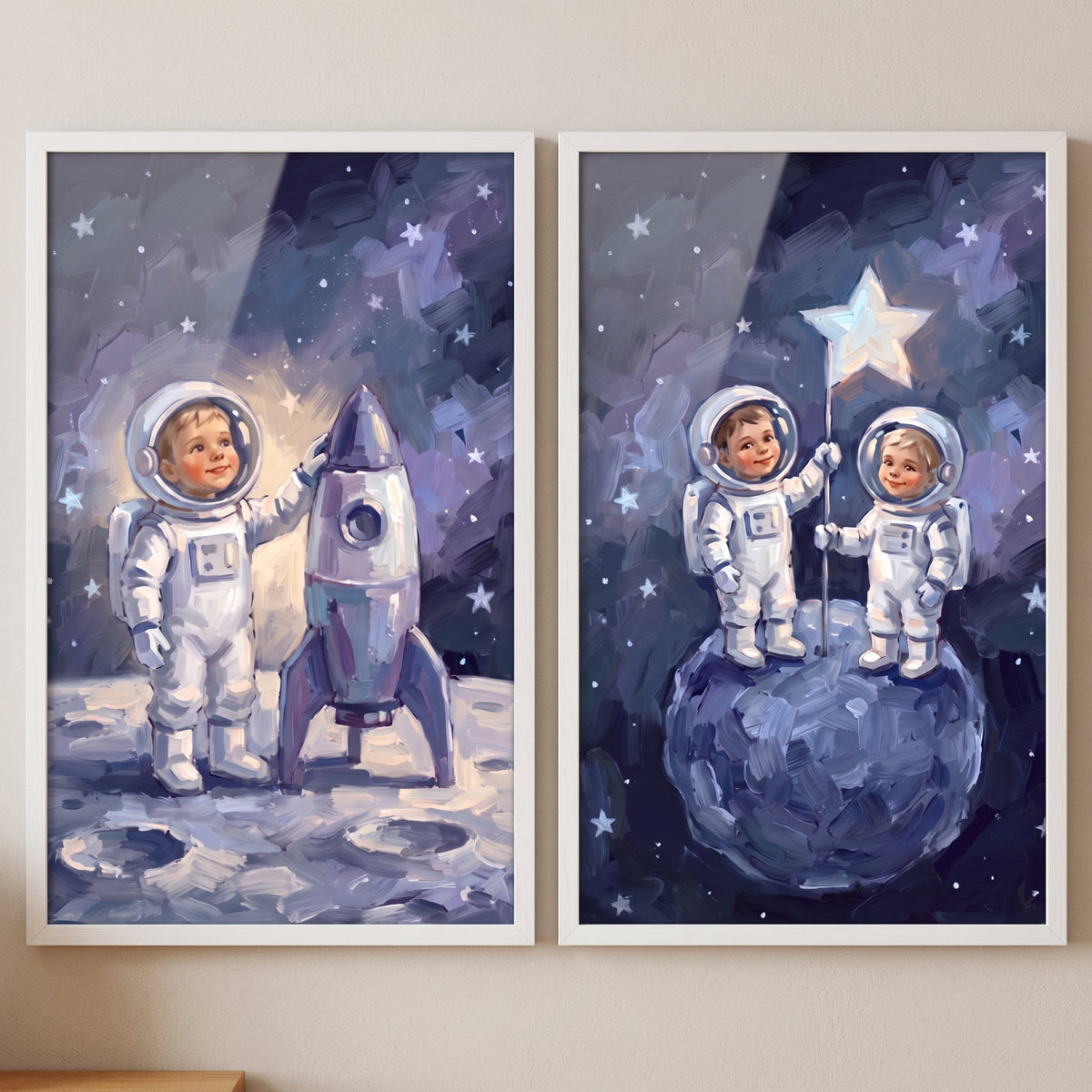 Painterly indigo baby astronaut artwork set of 2 featuring toddlers in spacesuits with a rocket and a star flag in space.