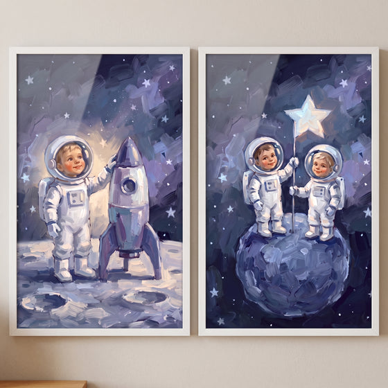 Painterly indigo baby astronaut artwork set of 2 featuring toddlers in spacesuits with a rocket and a star flag in space.