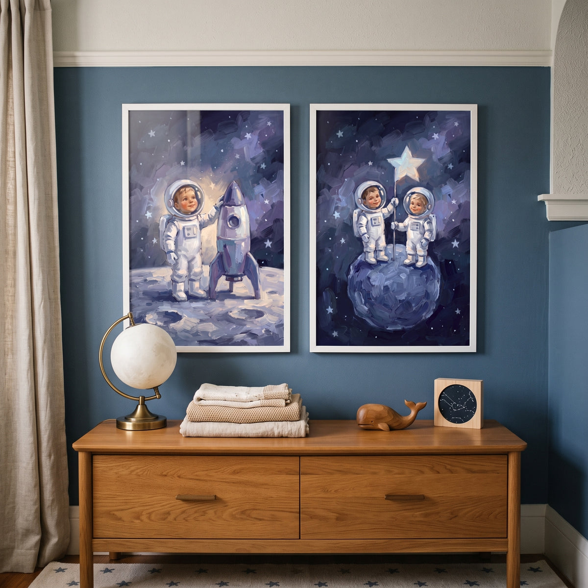 Painterly Indigo Baby Astronaut Artwork Set of 2 - Cosmic Dream Voyagers
