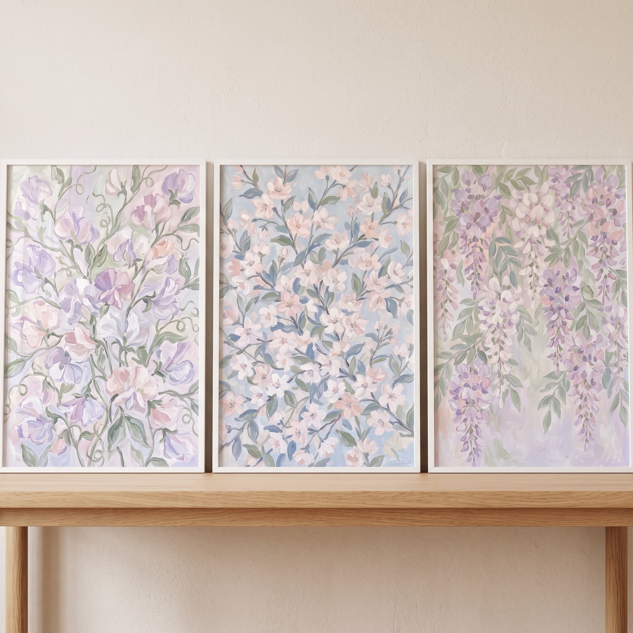Painterly Lavender Botanical Floral Wall Art Set of 3 - Spring Blossom Trio