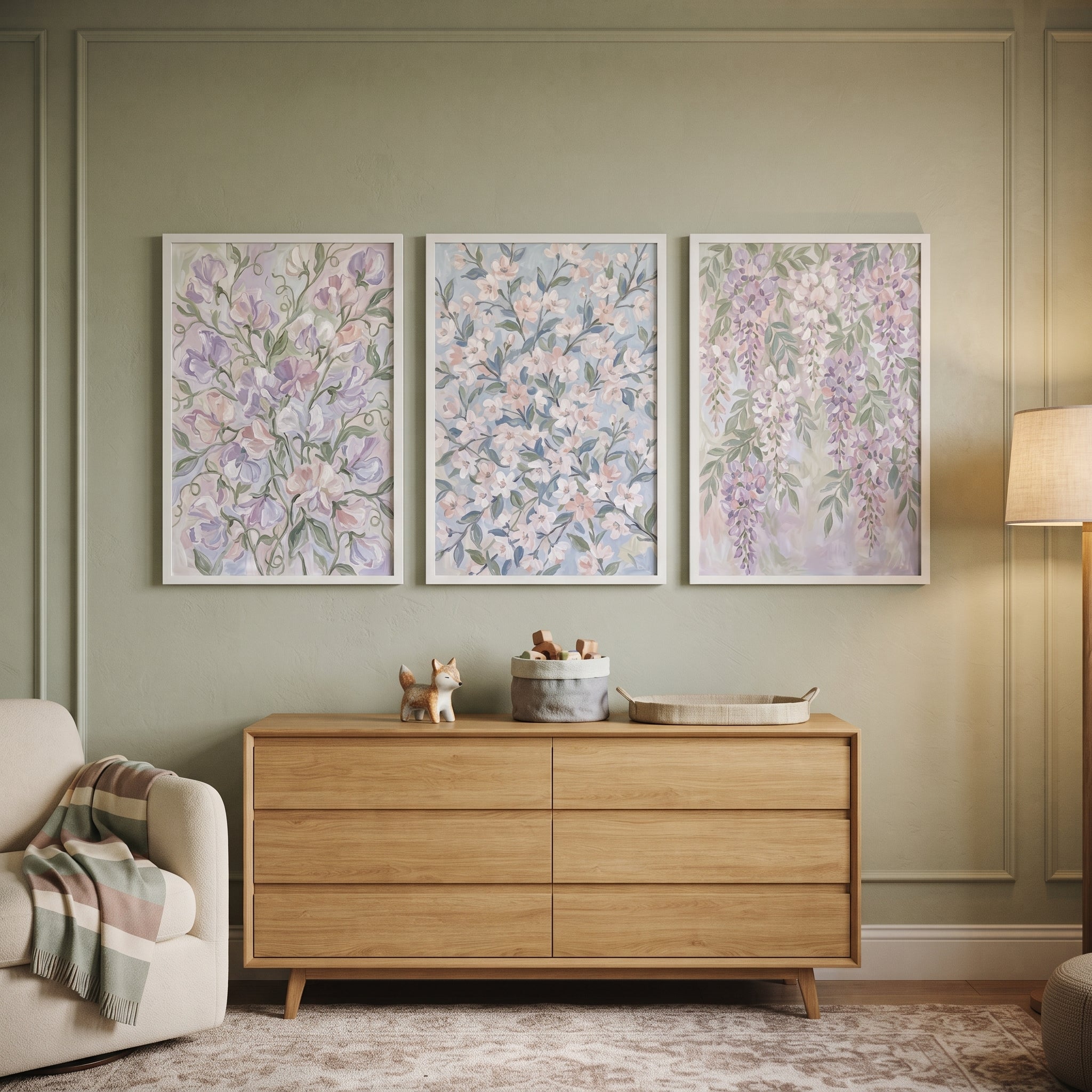 Painterly Lavender Botanical Floral Wall Art Set of 3 - Spring Blossom Trio