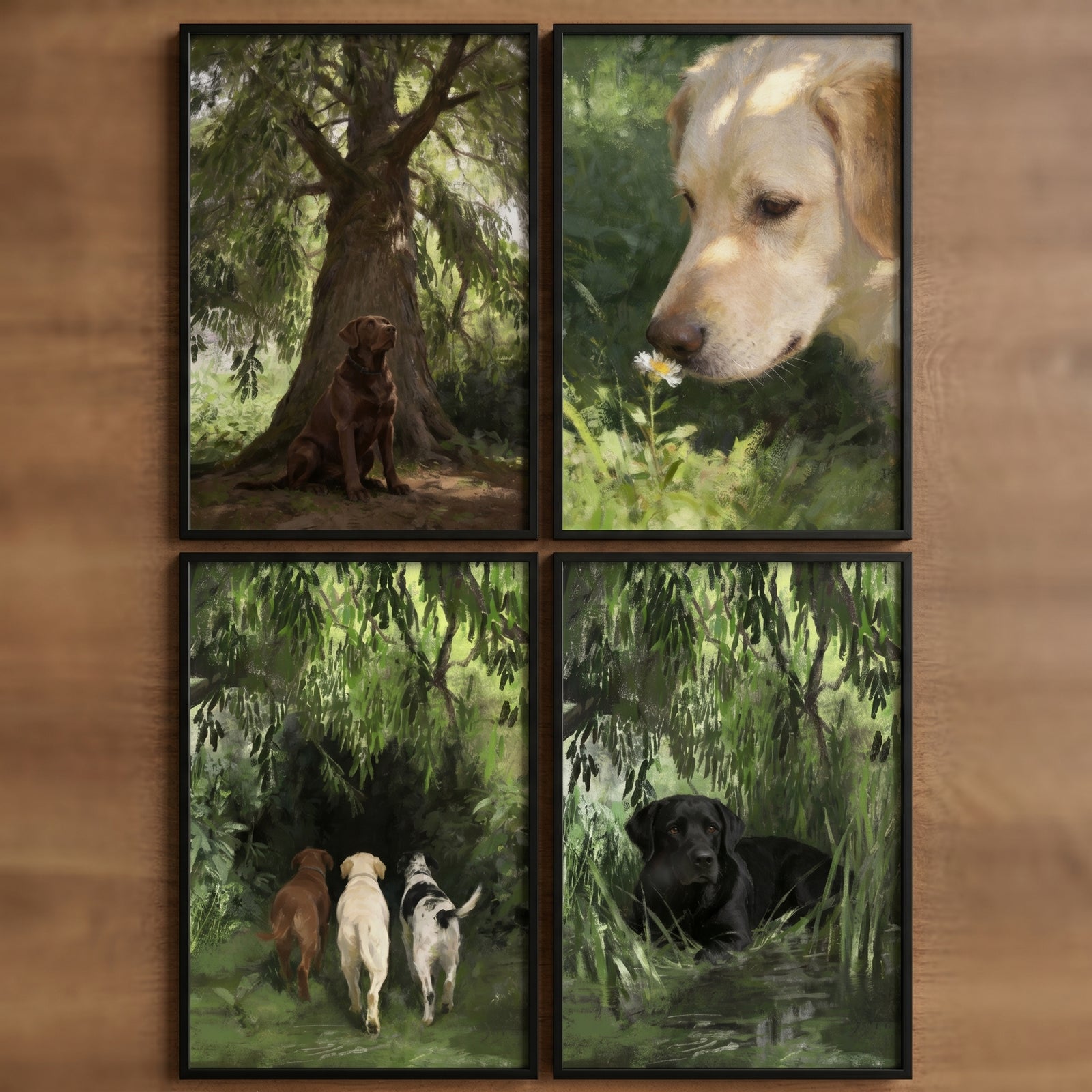 Painterly leafy labrador wall art set of 4 with yellow, black, and chocolate labs in natural outdoor settings.