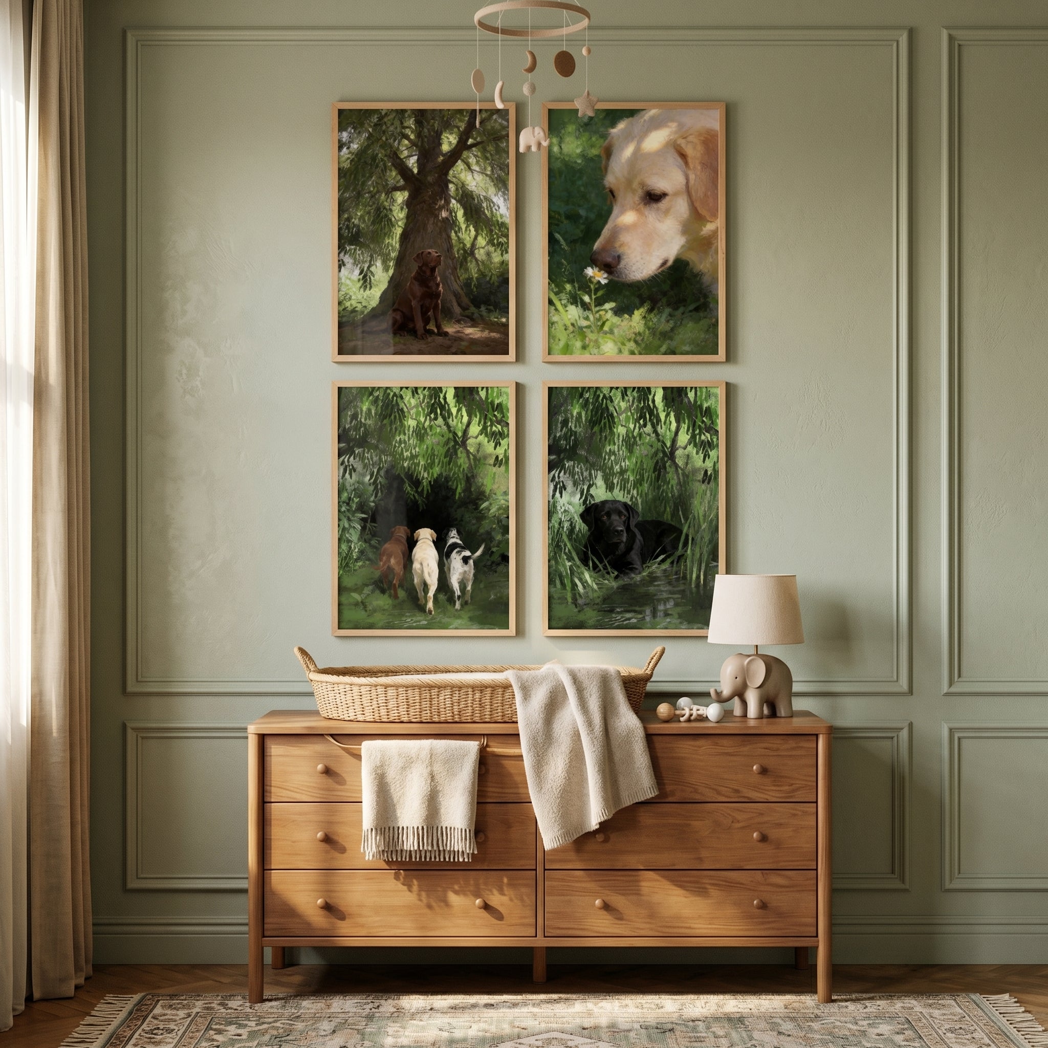 Sage green nursery with a wooden dresser below a painterly leafy labrador wall art set of 4 on a paneled wall.