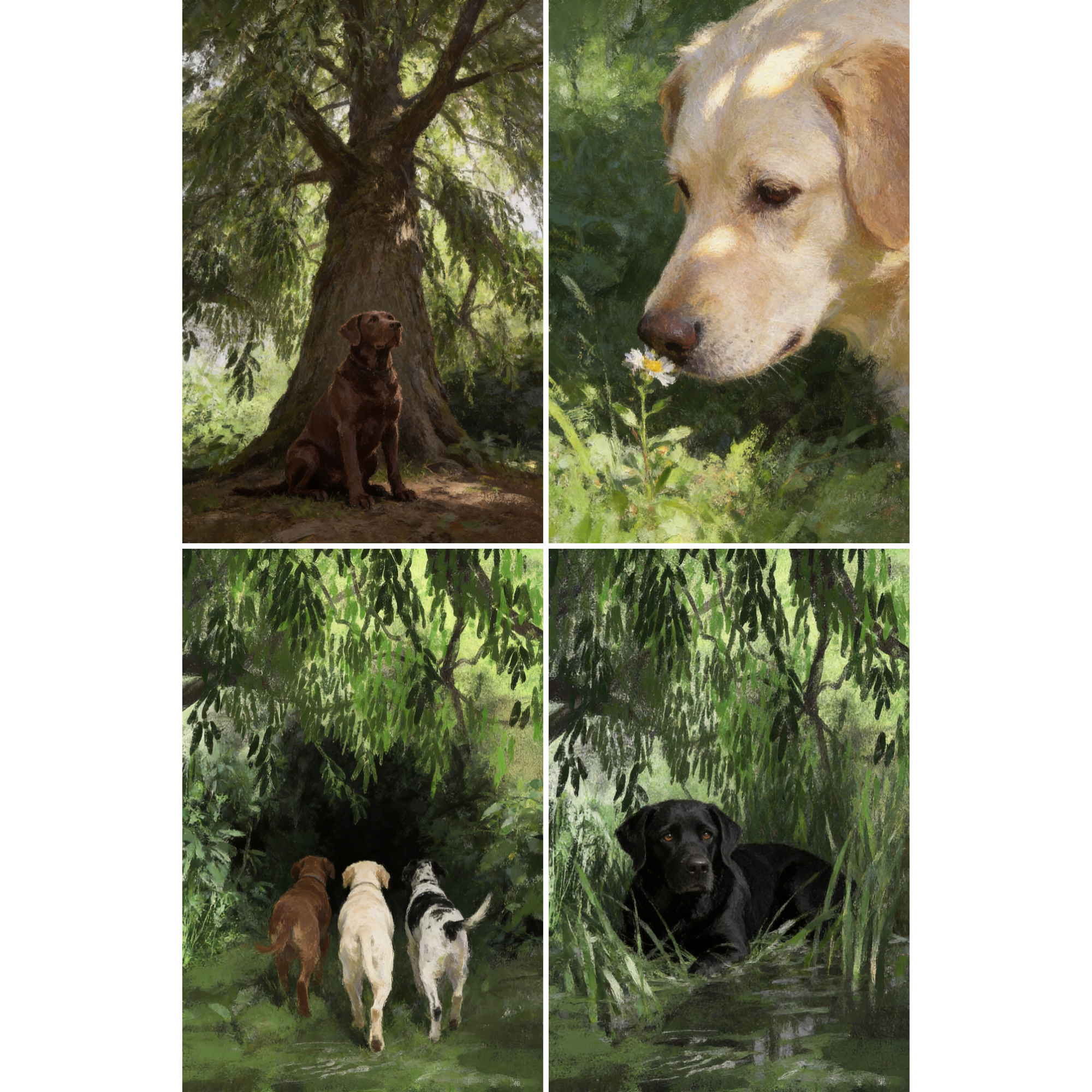 Painterly Leafy Labrador Wall Art Set of 4 - Loyal Forest Friends