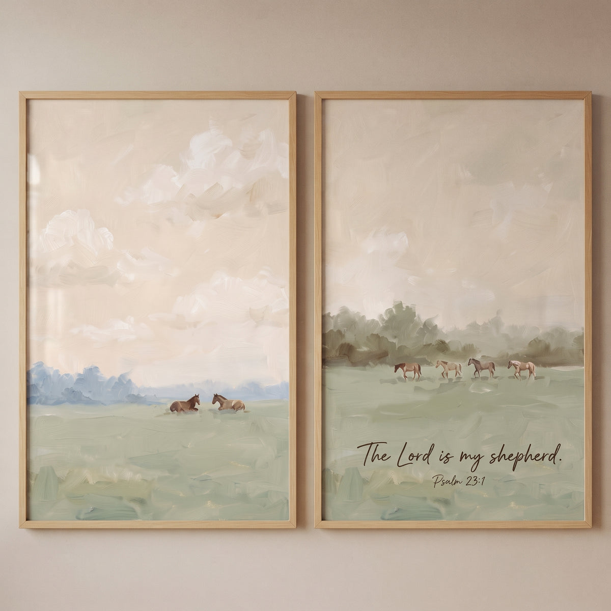 Painterly light meadow horses wall art set of 2 with horses in soft fields and the script text The Lord is my shepherd.