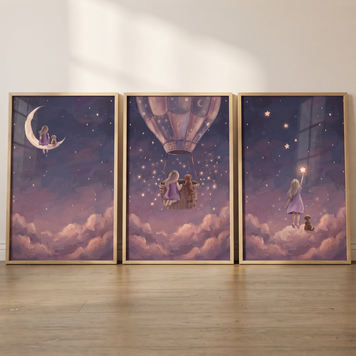 Painterly lilac girl dog wall art set of 3 with a girl and dog on a moon, in a hot air balloon, and reaching for a star.