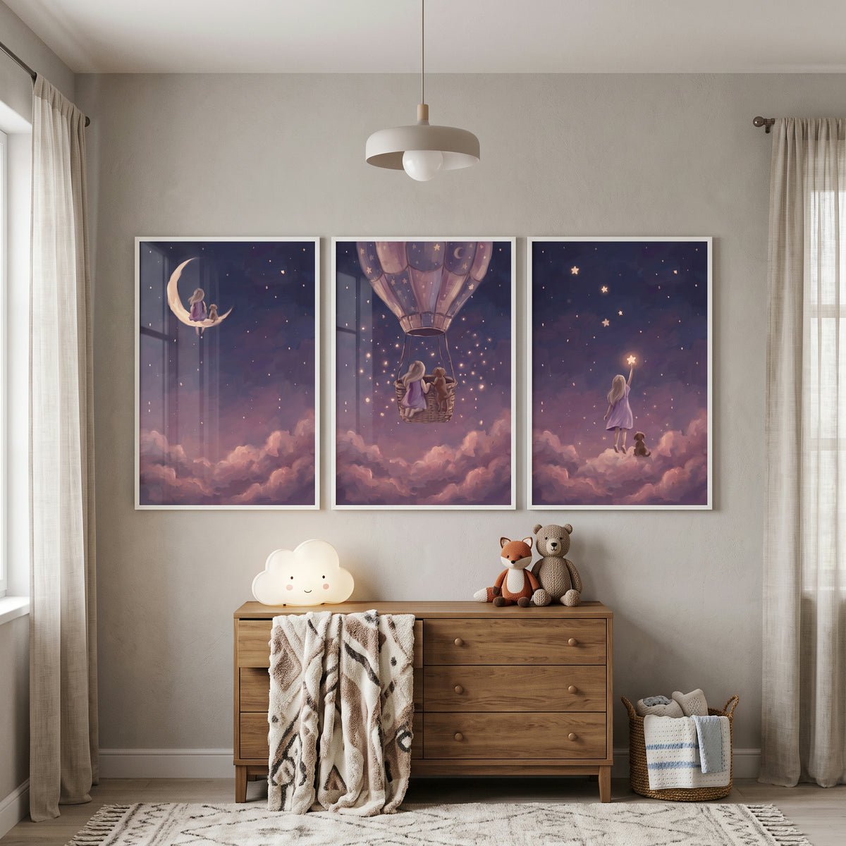 Painterly Lilac Girl Dog Wall Art Set of 3 - Celestial Dream Journey